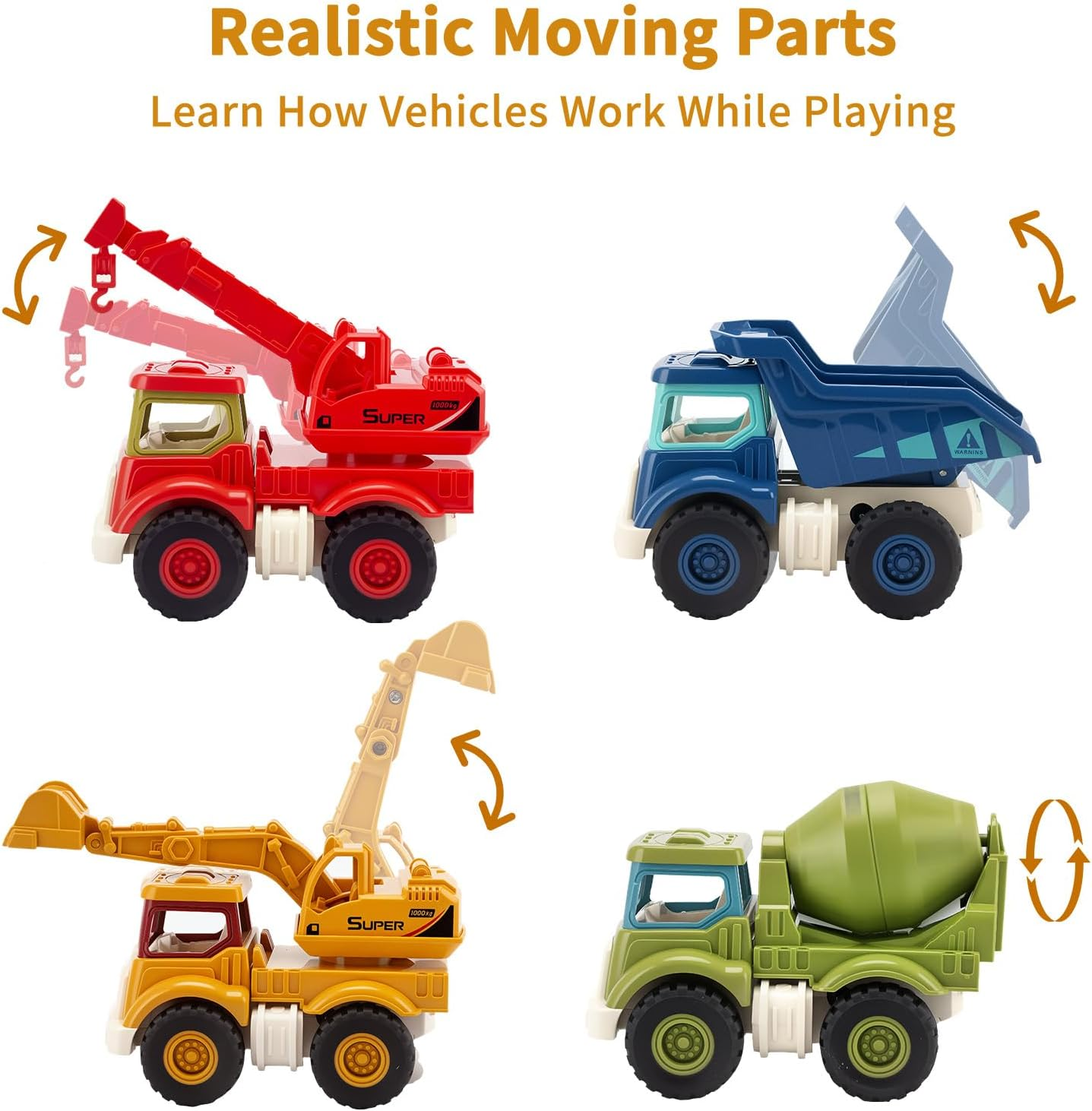 CYZAM Construction Toys for 3 Years Old Boys Girls, 4 PCS Push & Go Construction Truck Toy Vehicle Sandbox Excavator, Dump, Crane, Cement Mixer Truck, Gift Toy for Toddlers Kids 3 4 5 6 7 8 Years Old image number 2