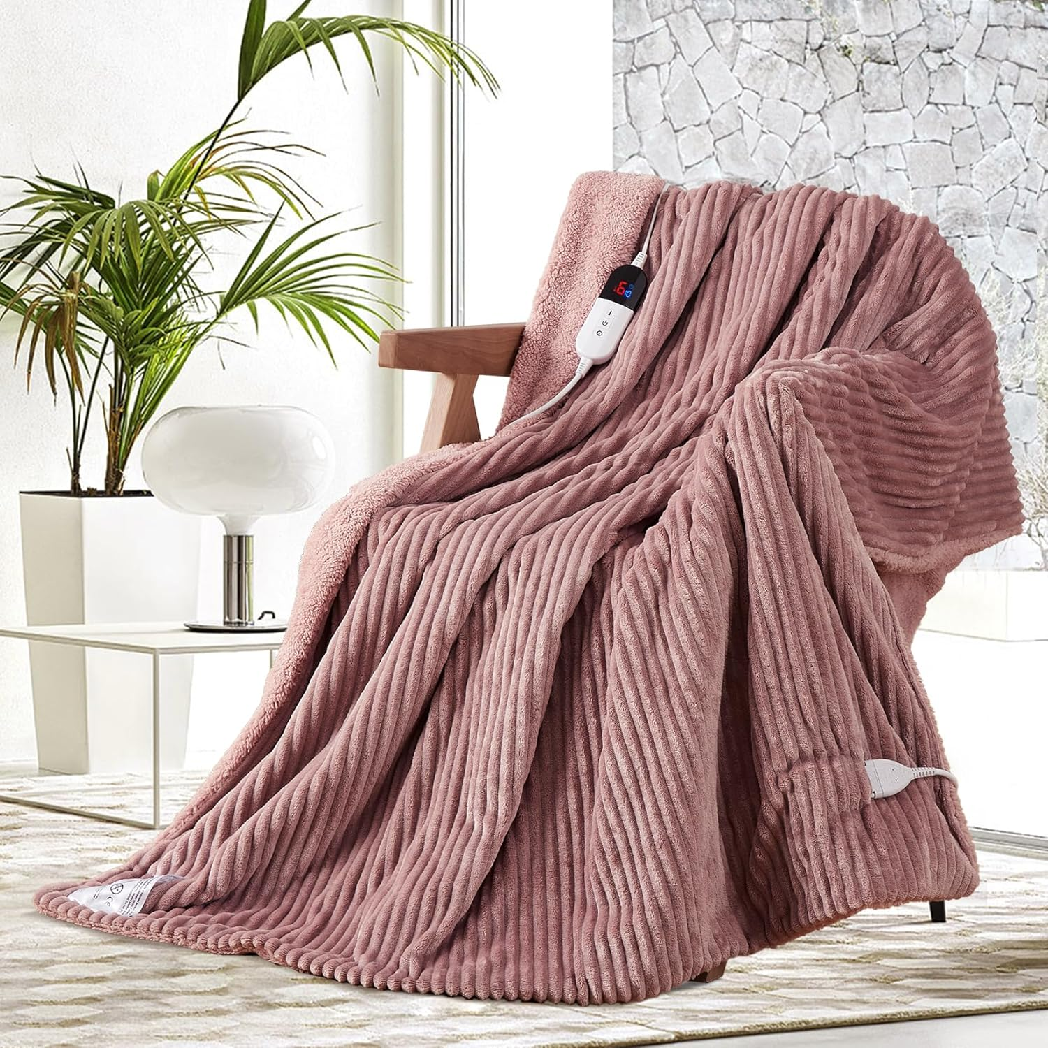 Electric Throw Blanket 130X160Cm, Thick Ribbed Flannel Heated Blanket, Heated Throw Blanket with 6 Heating Levels, 10 Time Settings, SAA Certified & Machine Washable Throw Rug, Pink image number 4