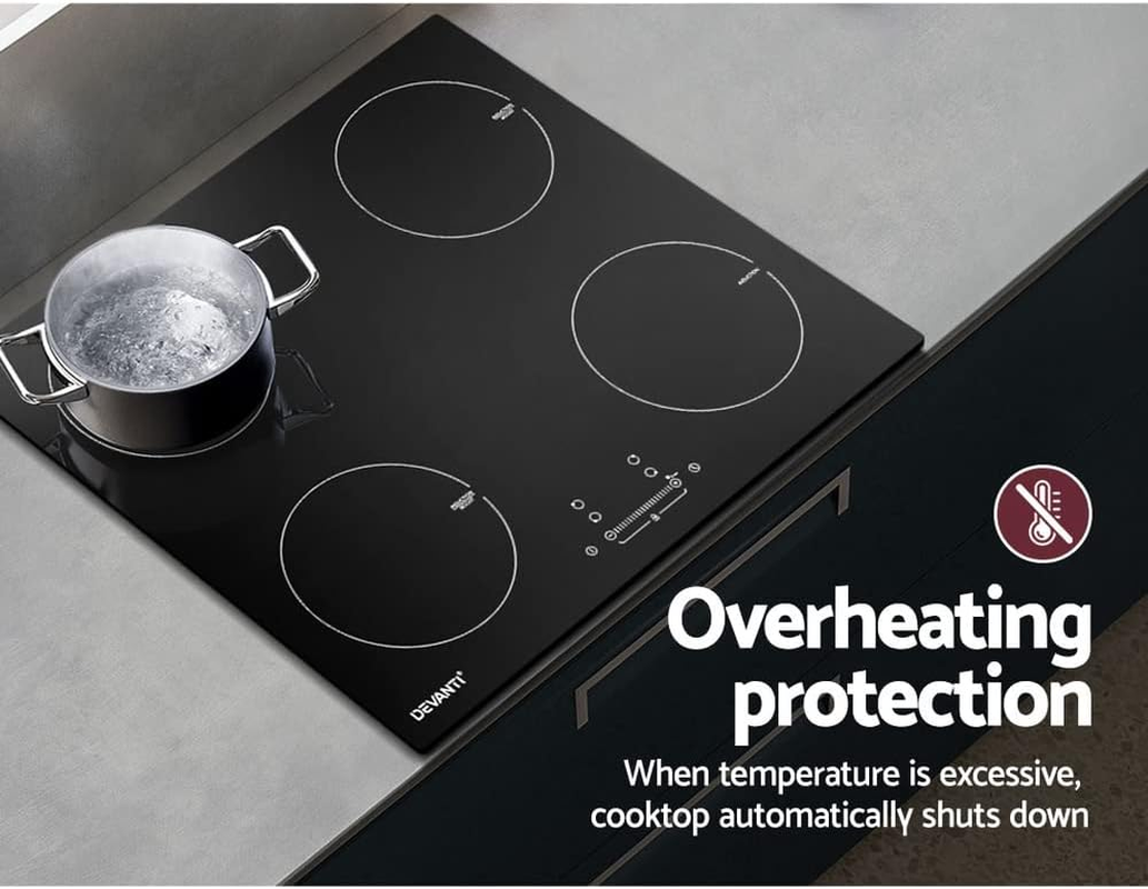 Devanti Induction Cooktop, Ceramic Glass Portable Cookware Cooker Super Powerful Electric Stove Plate Home Kitchen Appliance, with 4 Cooking Zones Touch Control Panel Black