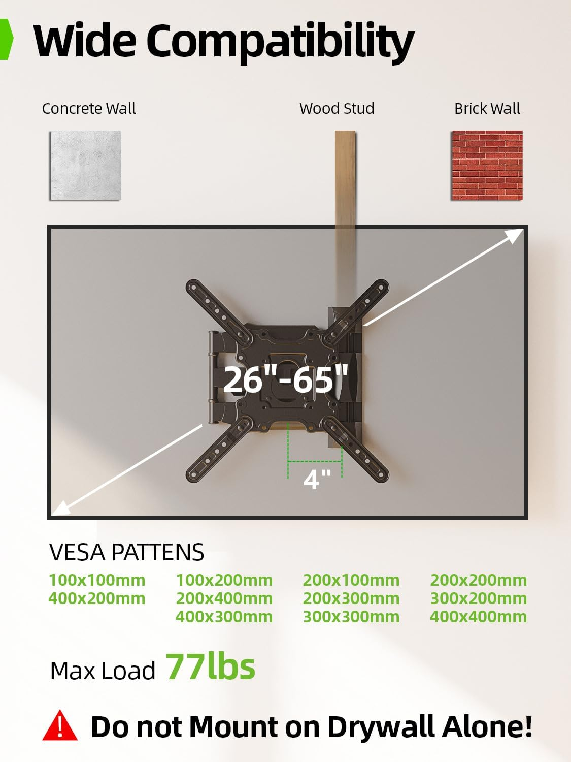 USX MOUNT Full Motion TV Wall Mount for 26-60 Inch TV up to 77 Lbs, 19.44 Inch Long Arm TV Wall Bracket, Sinlge Stud Articulating TV Mount, Smooth Swivel and Extension, Max VESA 400X400 Mm