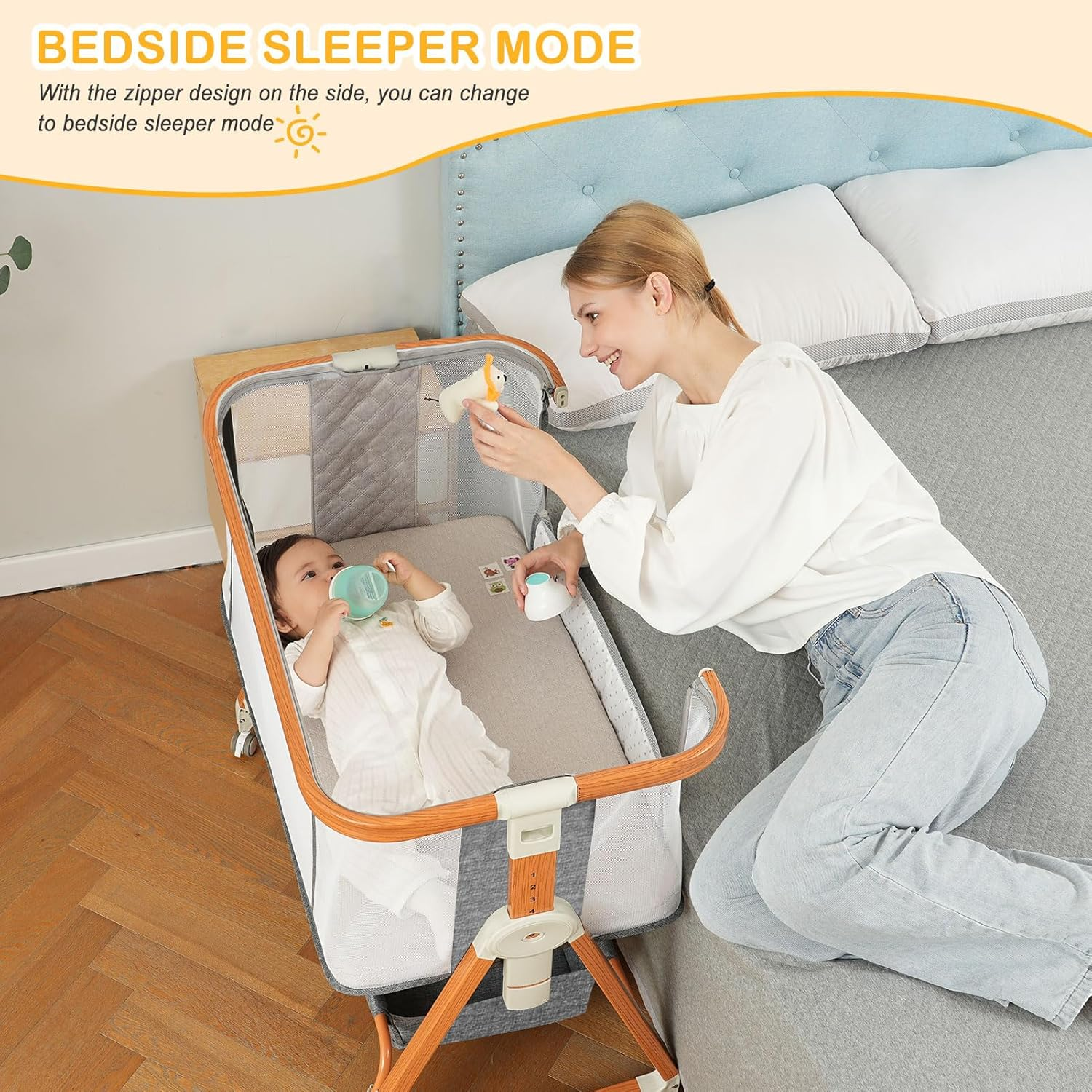 Baby Bassinet, Bassinet Bedside Sleeper Co-Sleeper with Adjustable Height, 4-Sided Mesh Baby Crib with Wheels and Storage Basket for Newborn 0-6 Months (Grey) image number 5