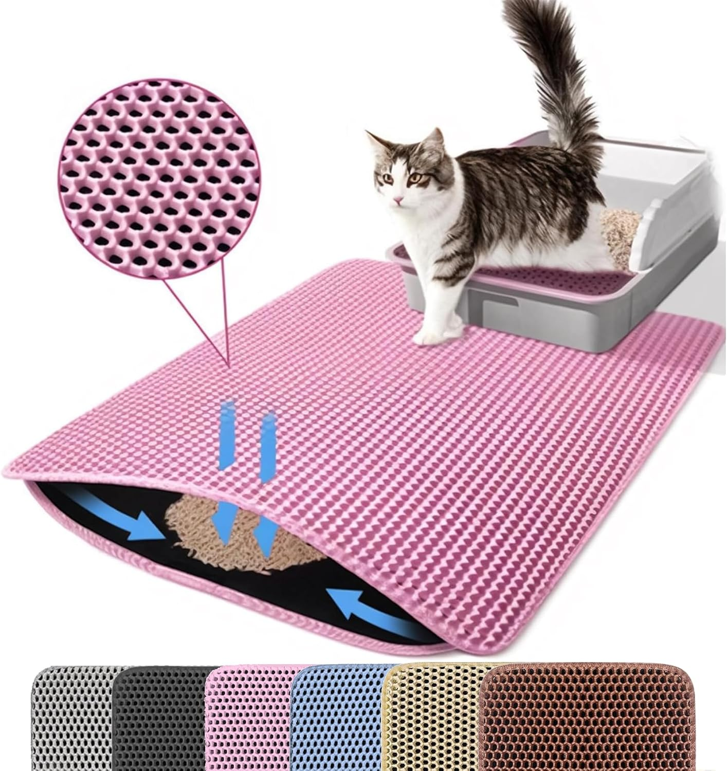 Petinstinct Cat Litter Mat, 45.7X26 Inches Extra Large Honeycomb Double Layer Cat Litter Trapping Mat, Non Slip Waterproof Urine Proof Litter Box Mat, Kitten Supplies and Essentials, Pink image number 1
