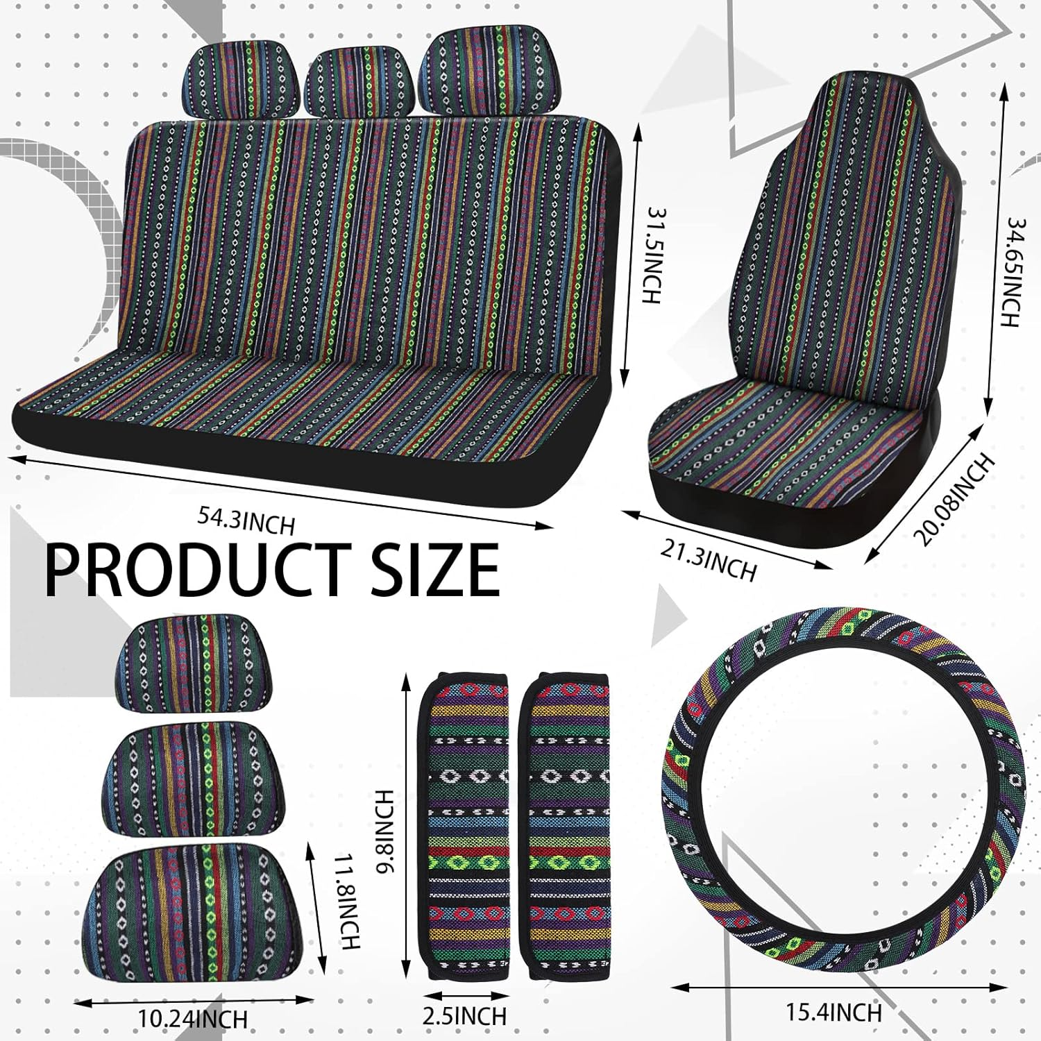Frienda Baja Saddle Blanket Car Seat Covers Full Set Multicolor Stripe Boho Steering Wheel Cover Seat Belt Pads Crystal Hanging Ornament Automotive Interior Universal Fit Most Cars(Stylish Style) image number 2