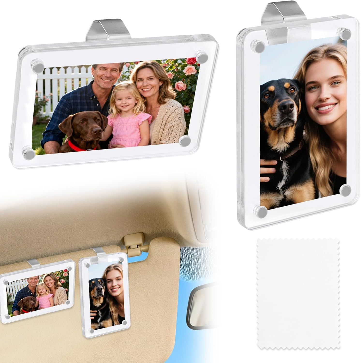 Pcs Car Photo Holders for Sun Visor, Acrylic Magnetic Picture Frame with 2 Stainless Steel Clips & Cleaning Cloth Personalized Car Accessories for Photos Display image number 4
