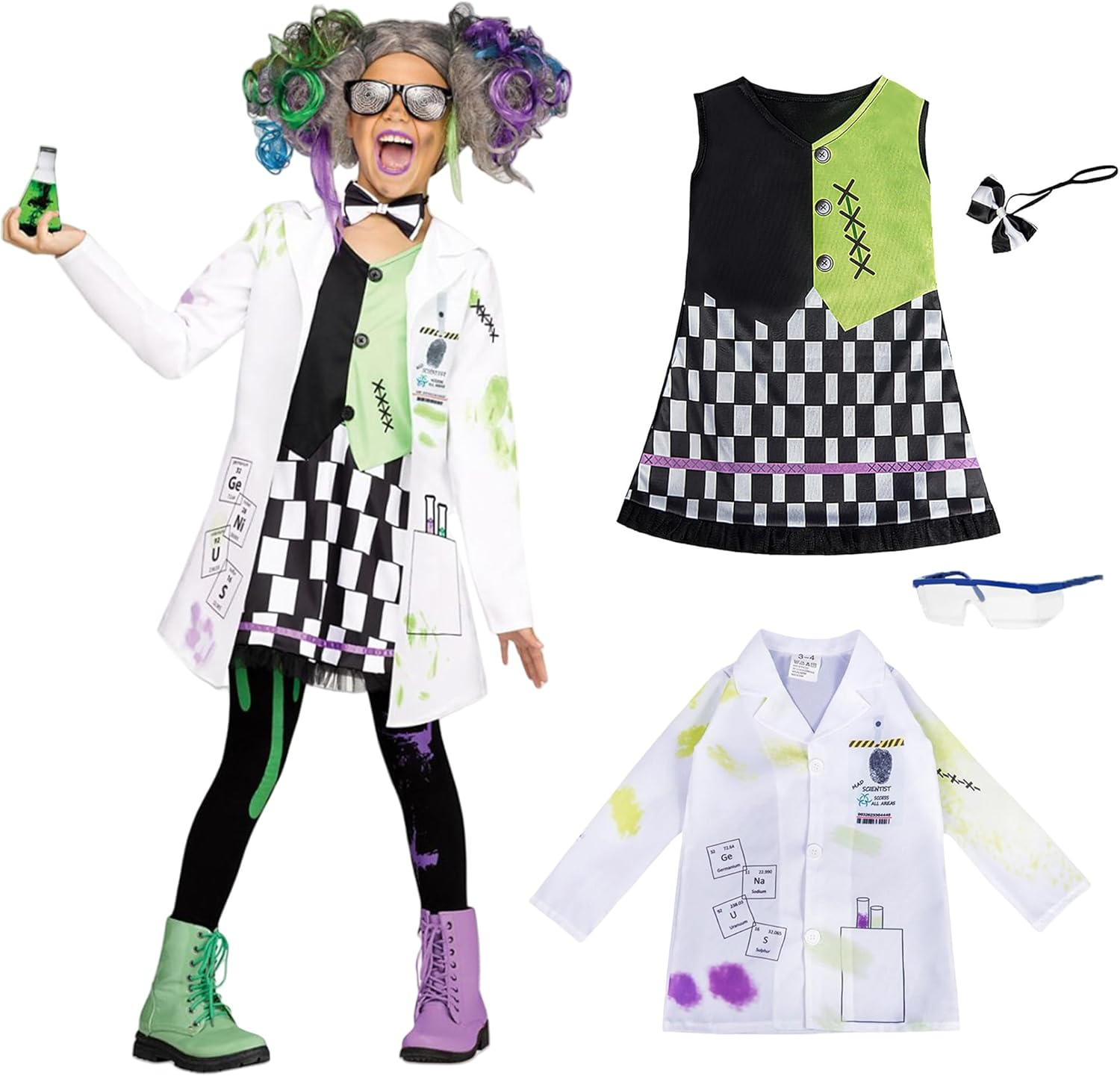 Mad Scientist Costume for Girls Boys Crazy Science Lab Coat Kids Halloween Dress up Costume