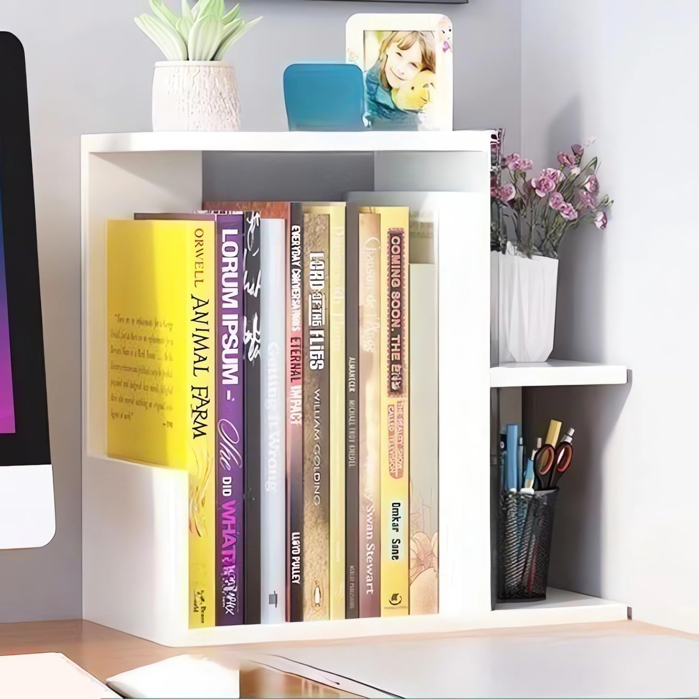 Hbluefat Small Desktop Shelf Organizer, Mini Wood Bookshelf Storage Rack, Multi-Functional Countertop Display Bookcase for Home Office School (White)