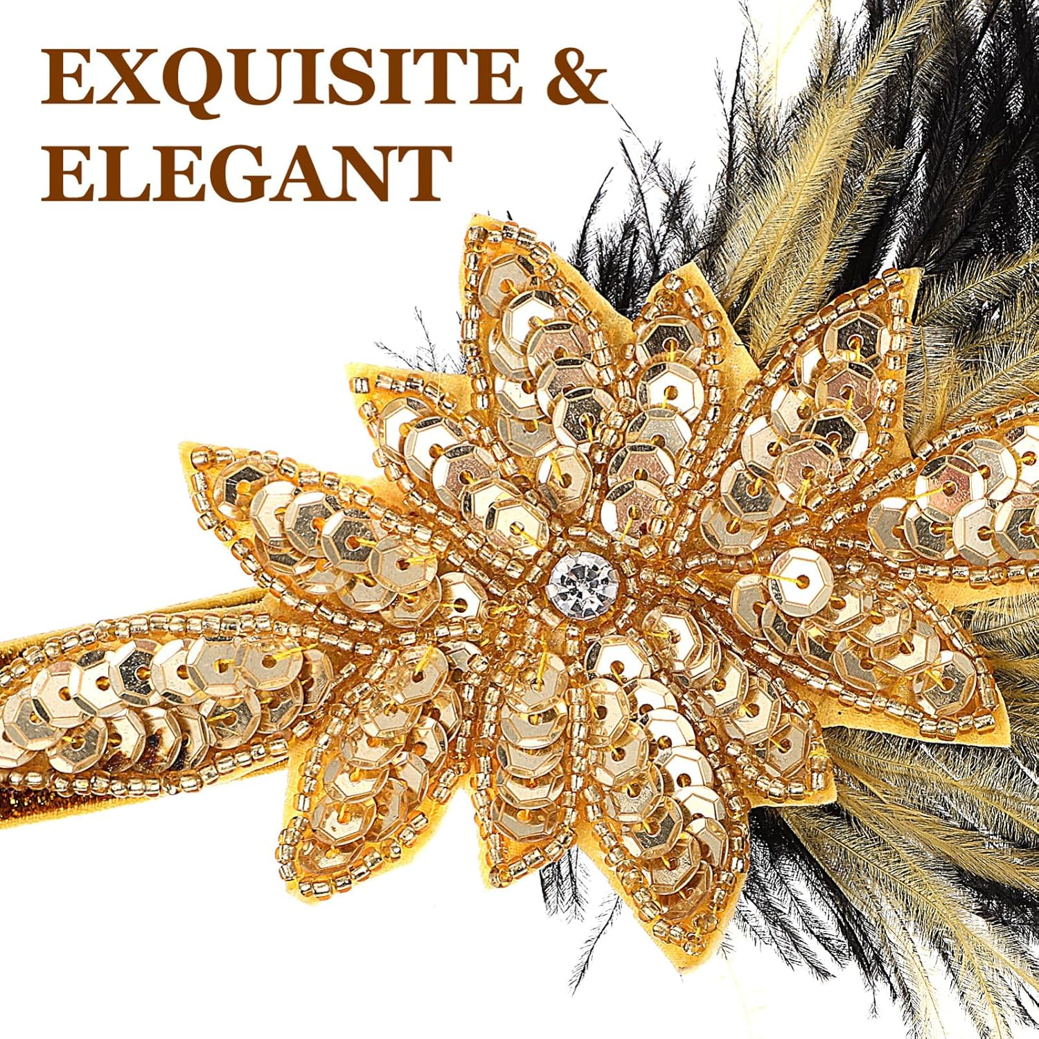 FRCOLOR Vintage Style Sequin Headband Gold Fascinator Women'S Elastic Headwear for 1920S Theme Events image number 3