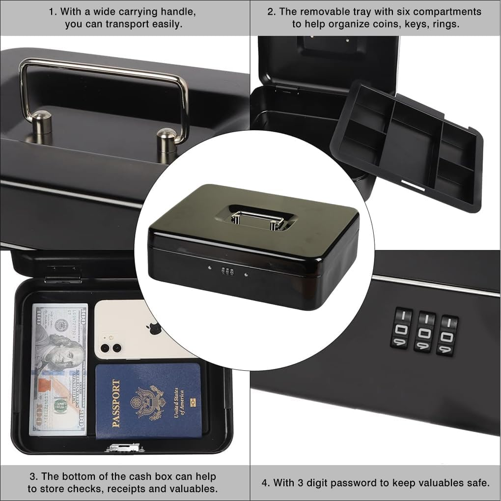 Vivva Steel Cash Box with Combination Lock, Metal Small Money Organizer with Money Tray, Cash Storage Box with Lockable Cover, Cash Drawer(Black, 25X20X9Cm) image number 4