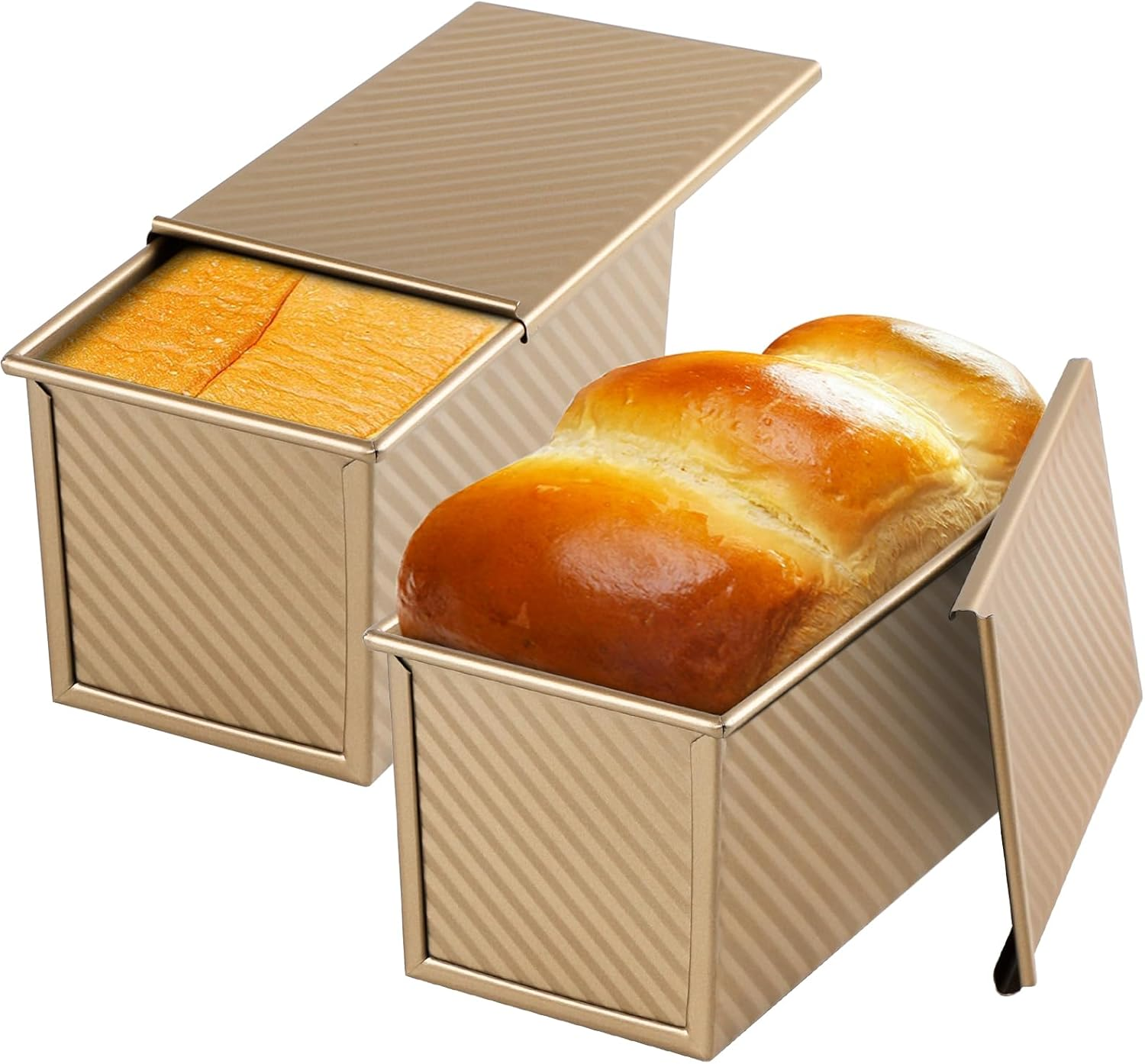 Beasea Pullman Loaf Pan 2 Pack, 1 Lb Non-Stick Bread Pan with Lid Carbon Steel Gold Toast Box Mold with Cover for Bakeware Bread, Baking Tools for Oven Baking image number 2