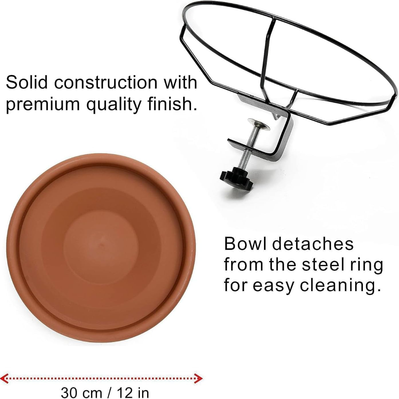 30 Cm Deck-Mounted Unheated Bird Bath Bowl with Detachable Fence Clamp for Balcony Railings