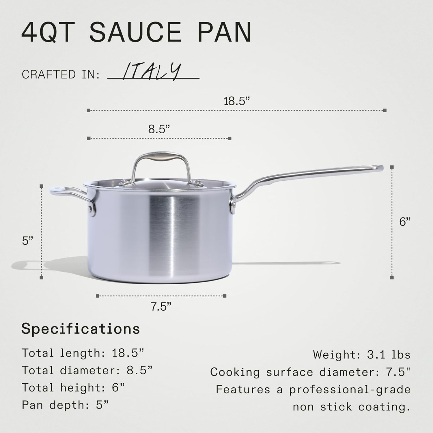 Made in Cookware - Procoat 4 Quart Non Stick Sauce Pan with Lid - Graphite - 5 Ply Stainless Clad Nonstick Saucepan - Professional Cookware - Crafted in Italy - Induction Compatible image number 1