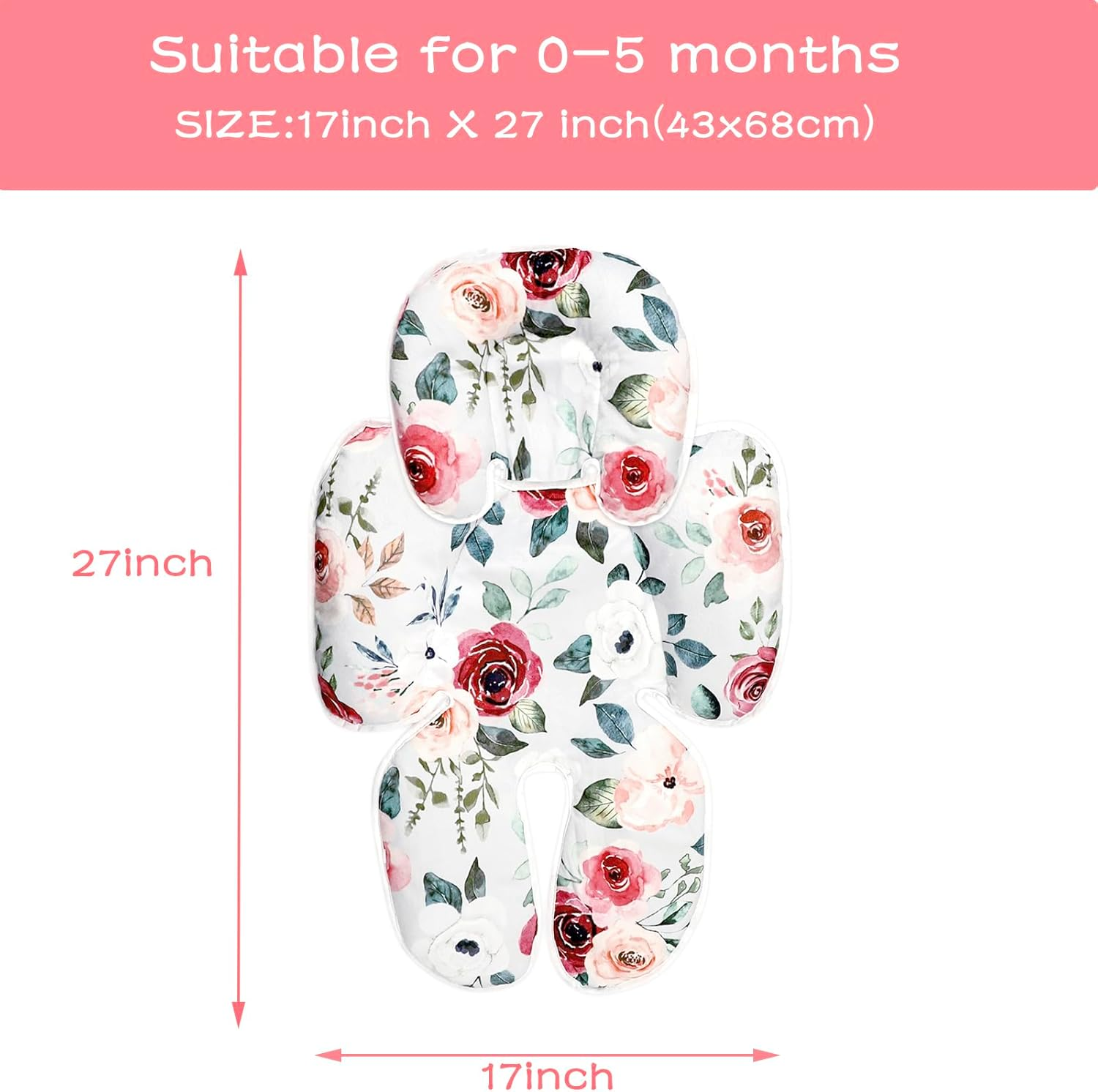 2 in 1 Infant Car Seat Insert, Car Seat Head Support Baby Girls Boys, Soft Newborn Carseat Insert Cushion, Perfect for Carseats, Strollers, Swings (Rose Flower) image number 5