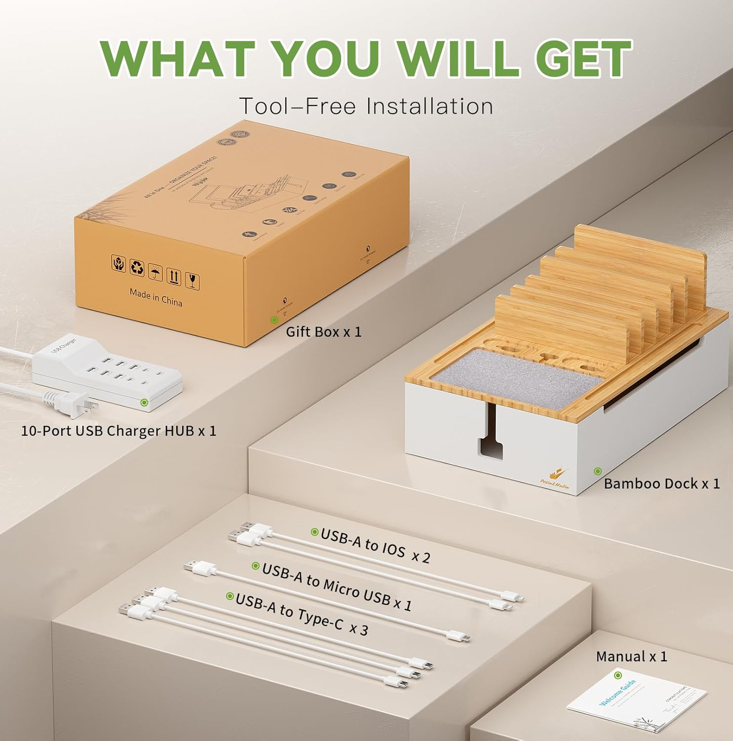 Pezin & Hulin Bamboo Charging Station for Multiple Devices, USB Charger Dock Organizer, with Power Supply (10 Ports HUB), 6 Cables, Cable Management Organizer for Cell Phones, Tablets -Natural+White image number 2