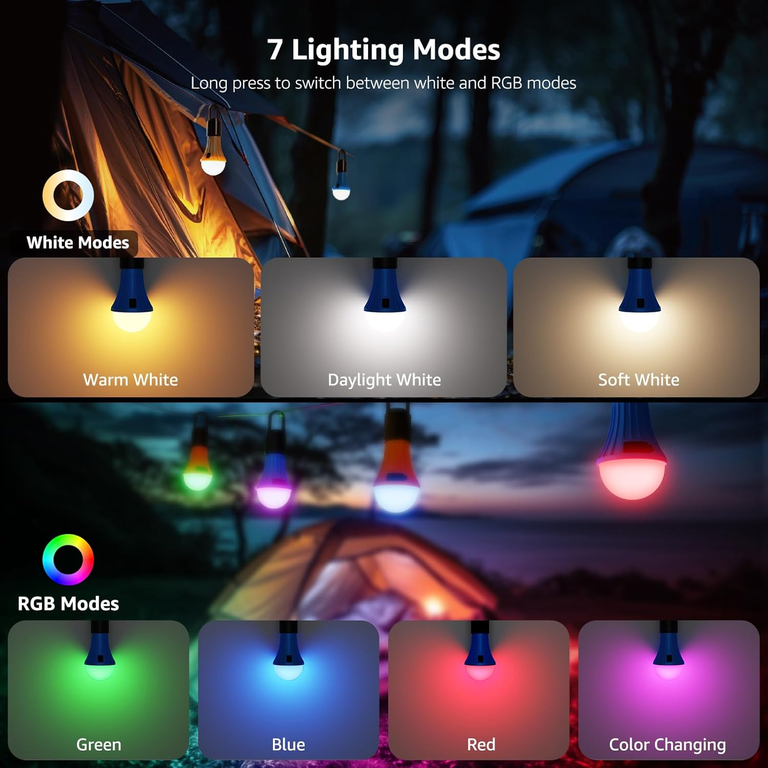 Lepro Rechargeable Camping Lights, 7 White & RGB Colour Modes, Hanging Tent Lights for Camping, Camping Lantern Rechargeable, 10 Hrs Battery Life Camping Accessories, Suit for Power Cuts, Emergency image number 1