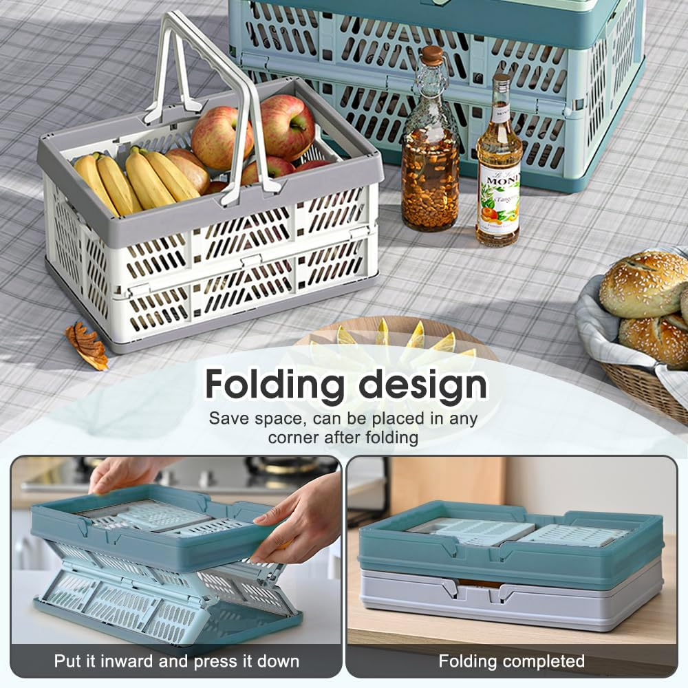 Portable Storage Crate, Plastic Storage Baskets for Organizing, 20L Collapsible Shopping Basket, Foldable Picnic Basket with Handles, Stackable Car Milk Dairy Container (Blue, Large) image number 5