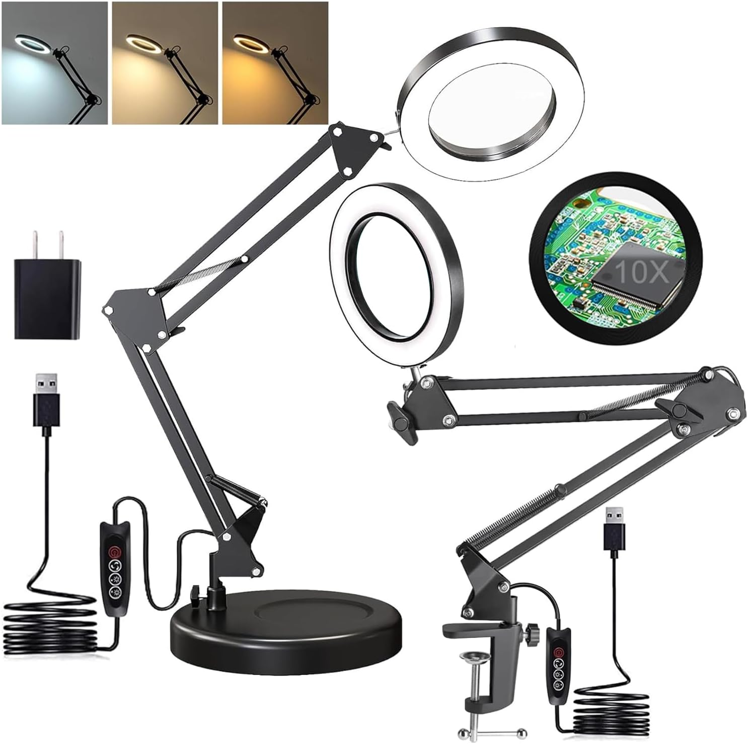 Magnifying Glass with Light and Stand, 10X LED Magnifying Glass, 3 Color Modes 10 Levels Dimming, for Home, Office, Drawing, Tailoring, Soldering image number 3