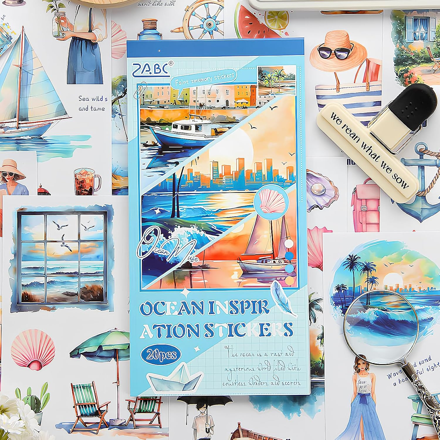 Snycler Blue Ocean Series Sticker Book - 20 Sheets Vintage PET Stickers for Scrapbooking, Junk Journaling, Ephemera, and Decorative Crafts - Pre-Cut Nautical Design Stickers - Coffee Corner image number 6