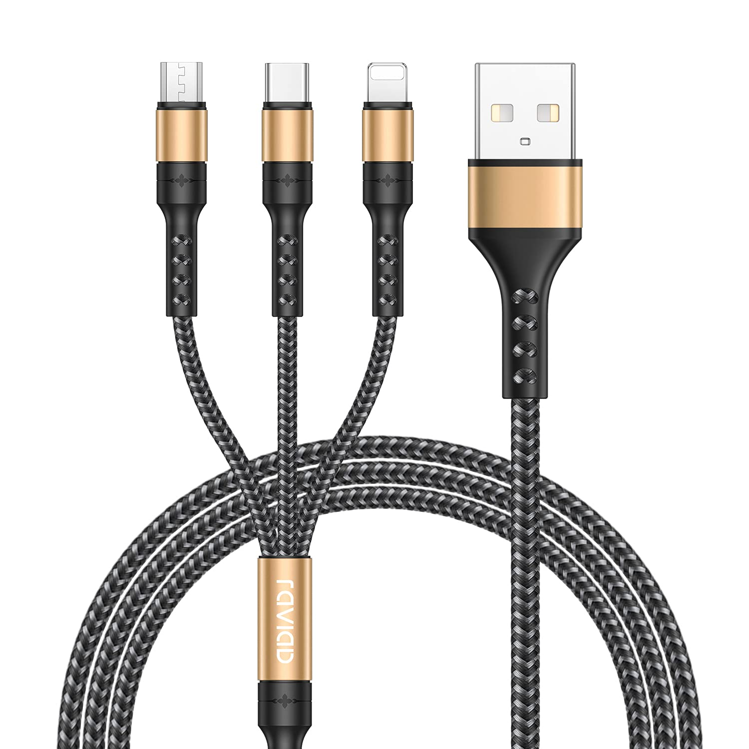 RAVIAD Multi Charger Cable, 3 in 1 Charger Cable [1.2M] Multiple USB Cable Nylon Braided with Micro USB Type C Lightning Cable Connector Compatible with Iphone, Android Galaxy, Huawei