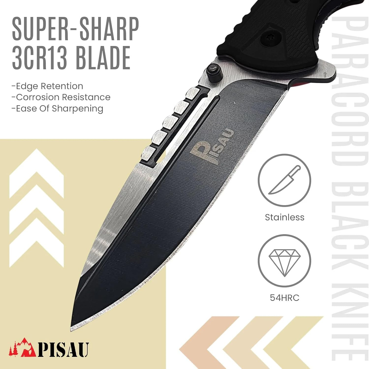 PISAU Stainless Steel Camping Folding Knife with Sheath and Paracord (Black) image number 1