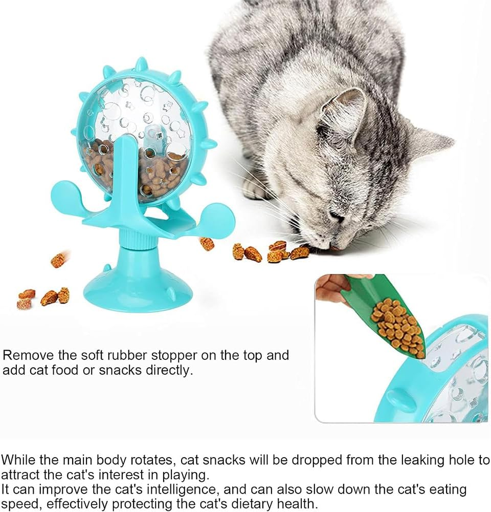 2 Pcs Interactive Cat & Dog Treat Dispenser Toys, Slow Feeder Leaky Food Toys with Suction Cup, 360&deg; Rotating Windmill for Small Dogs & Indoor Cats (Blue & Yellow) image number 4