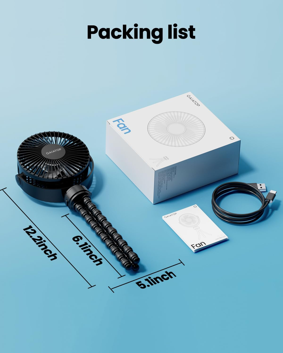 Gaiatop Mini Portable Stroller Fan, Battery Operated Small Clip on Fan, Detachable 3 Speed Rechargeable 360&deg; Rotate Flexible Tripod Cooling Fan for Car Seat Crib Treadmill Travel Black - Blue image number 5