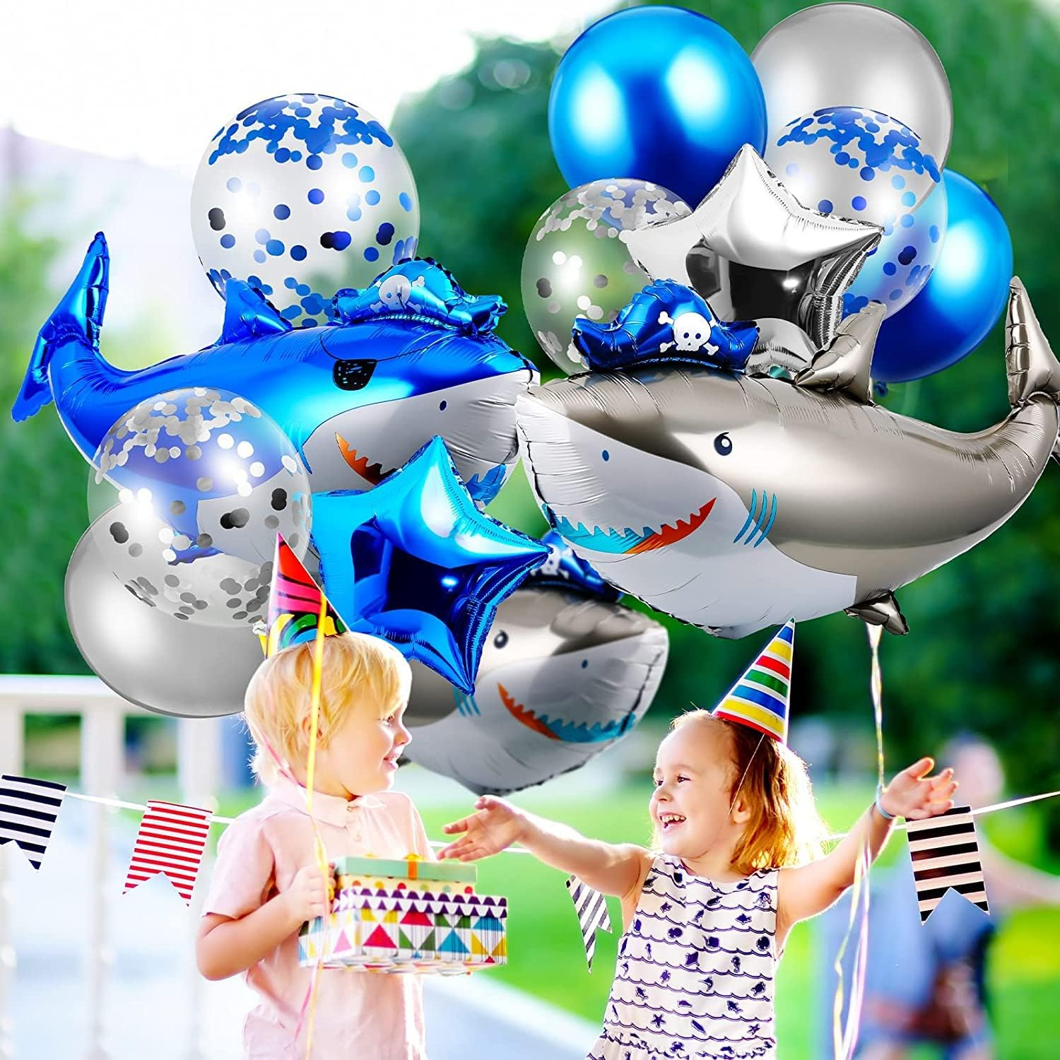4Pcs Shark Balloons Large Aluminum Foil Shark Balloon Pirate Theme Ocean Theme Birthday Party Decorations Baby Shower(Pirate Shark-4Pcs)