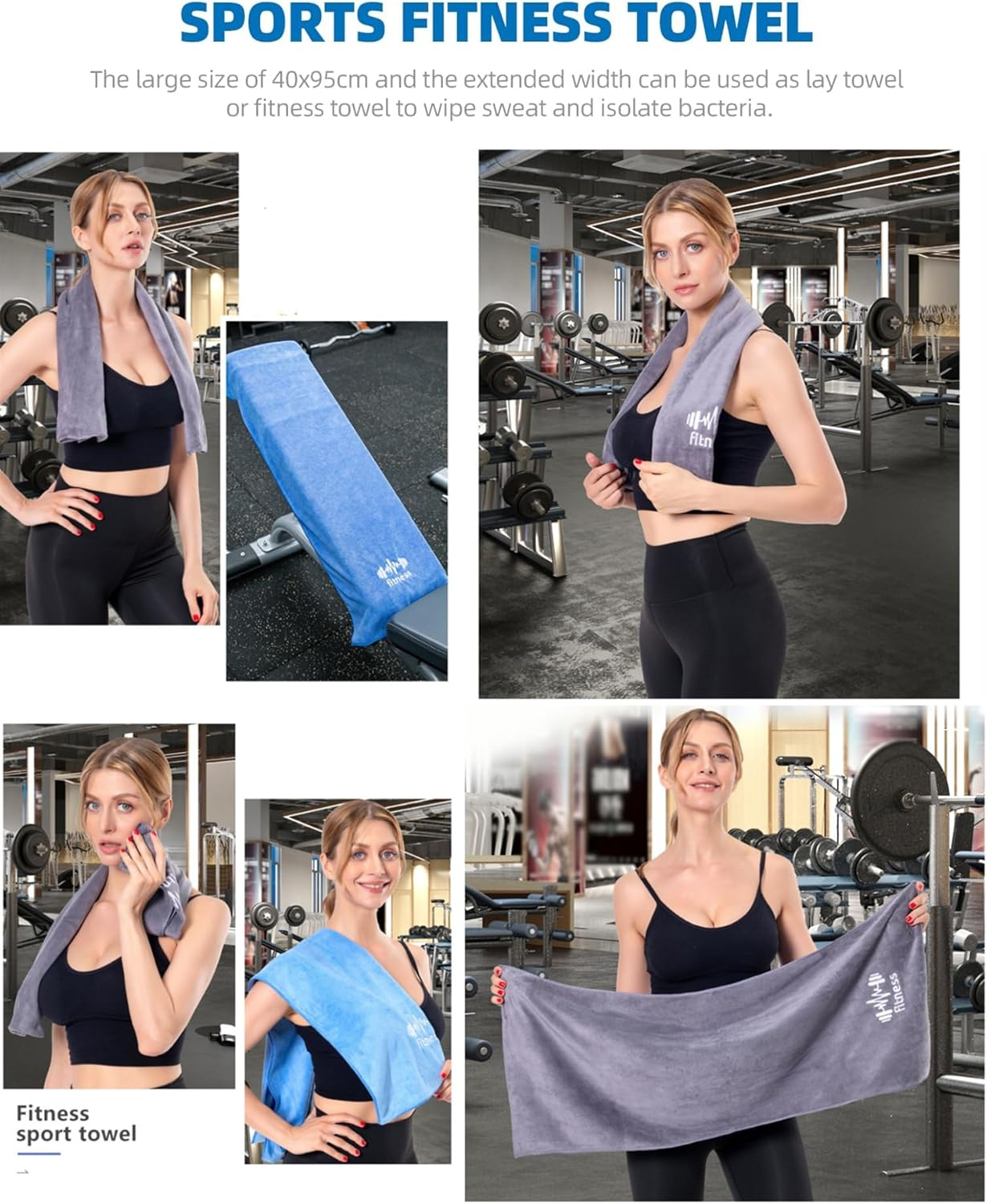 Set of 2 Sports Towels 95 X 40 Cm Microfiber Fast Drying Fitness Sweat Towels Gym Towel with Fixation Fitness Towel for the Gym with Cover Non-Slip Function Quick Dry Towel (Light Blue + Light Gray) image number 1