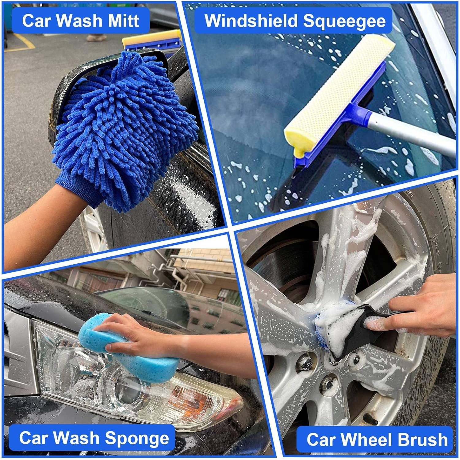 21Pcs Car Wash Kit,62" Car Wash Brush Mop with Long Handle,Car Cleaning Kit,Car Detailing Brush Set,Car Wash Bucket with Dirt Trap,Windshield Window Squeegee for Cars RV Truck Boat image number 1