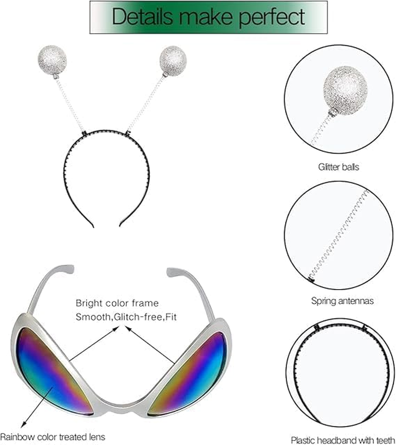 2 Pairs Alien Headband and Glasses,Alien Rainbow Lens Sunglasses,Headband Boppers Antenna for Adults and Kids(Green+Silver)