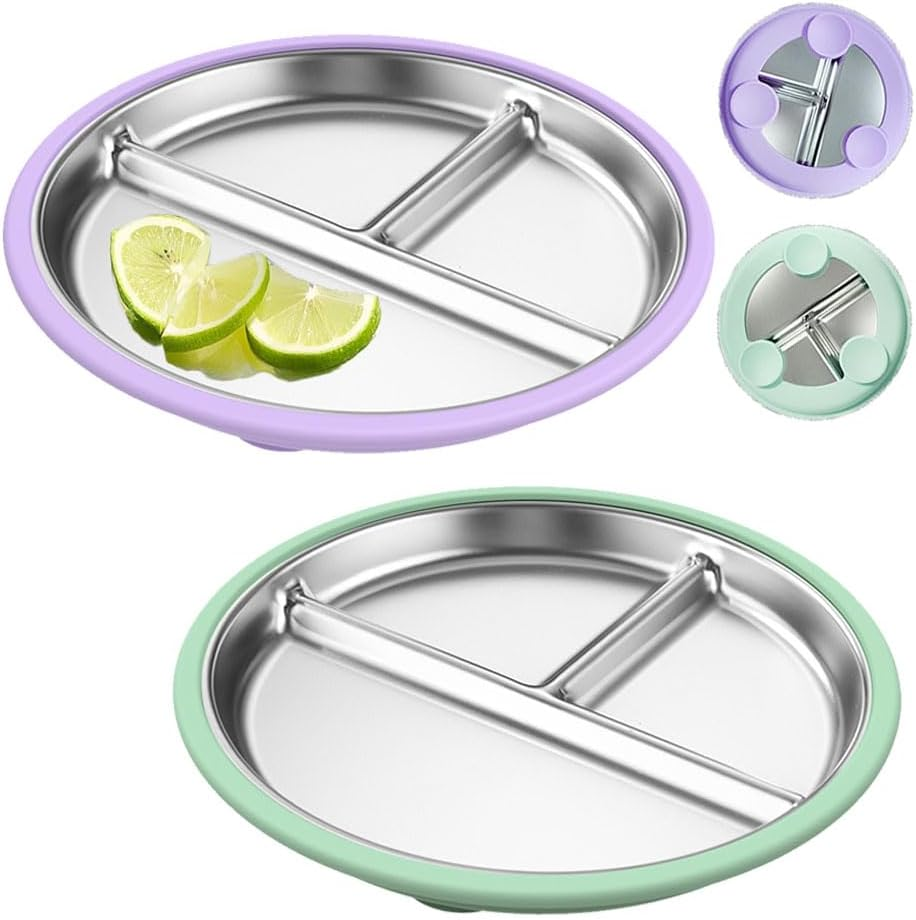2 Pack Stainless Steel Plates,9" Divided Plates with Removable Silicone Suction,Non Toxic Non Slip Portion Control Snack Dishes,Non-Toxic Non-Slip Unbreakable Dishwasher Safe Dinnerware (Purple Green) image number 2