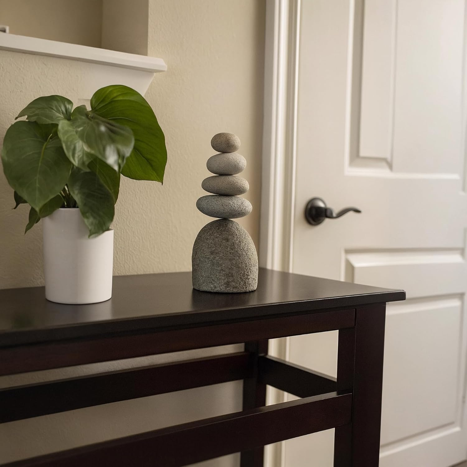 Natural River Stone Quintuple Cairn, Rock Cairns, 5 Stacked Stones, Zen Garden, Balanced Rocks, Decorative Accents, Bohemian Design, Unique Gifts, Office, Living Room, Lawn, Yard, Porch, Patio Decor image number 1