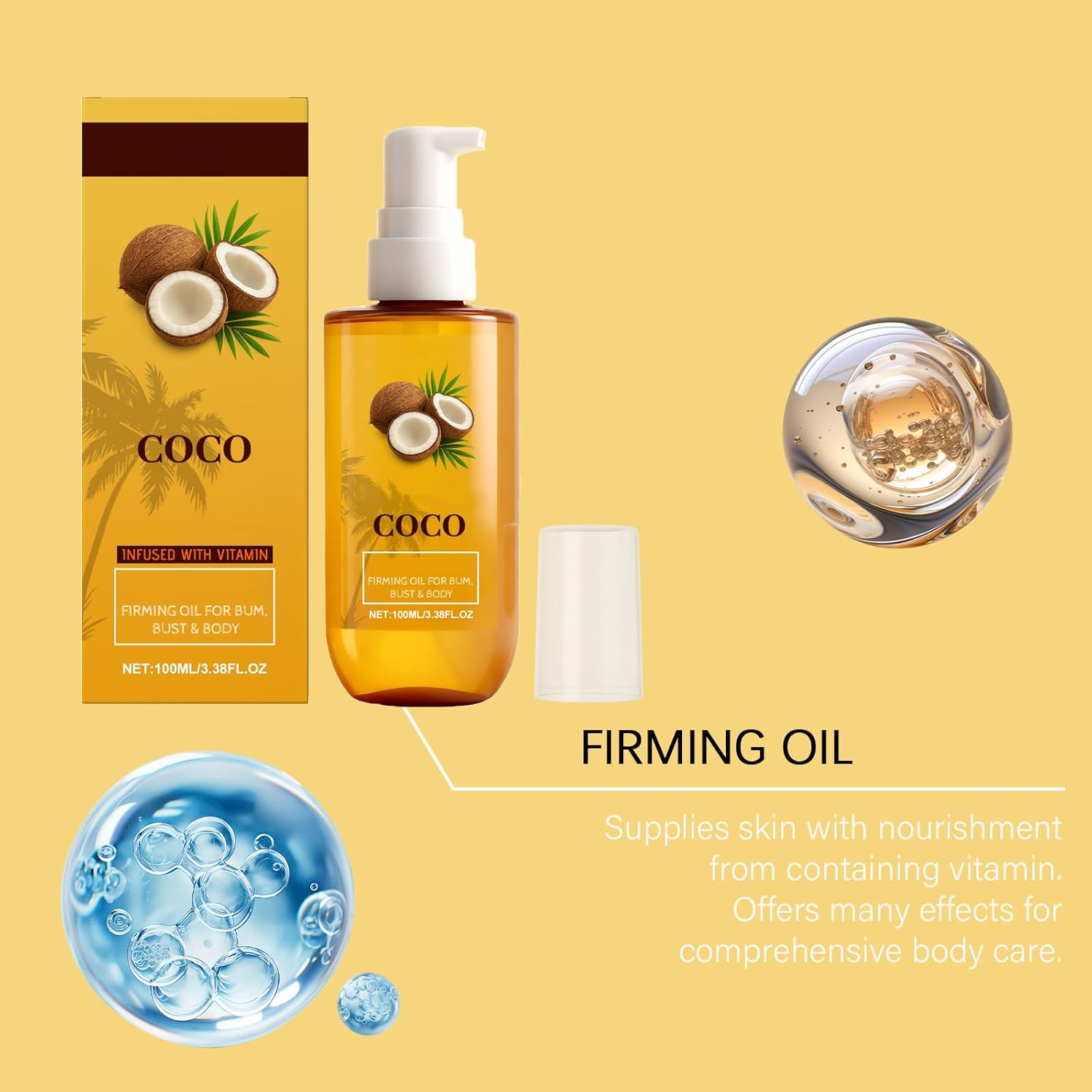 Coconut Firming Body Oil with Vitamin E, Hydrating Body Moisturiser, Deeply Nourishing for Dry Skin, Firming & Toning, Fast Absorbing Non-Greasy, Improves Skin Texture, Even Tone (2Pcs) - 1Pcs image number 4