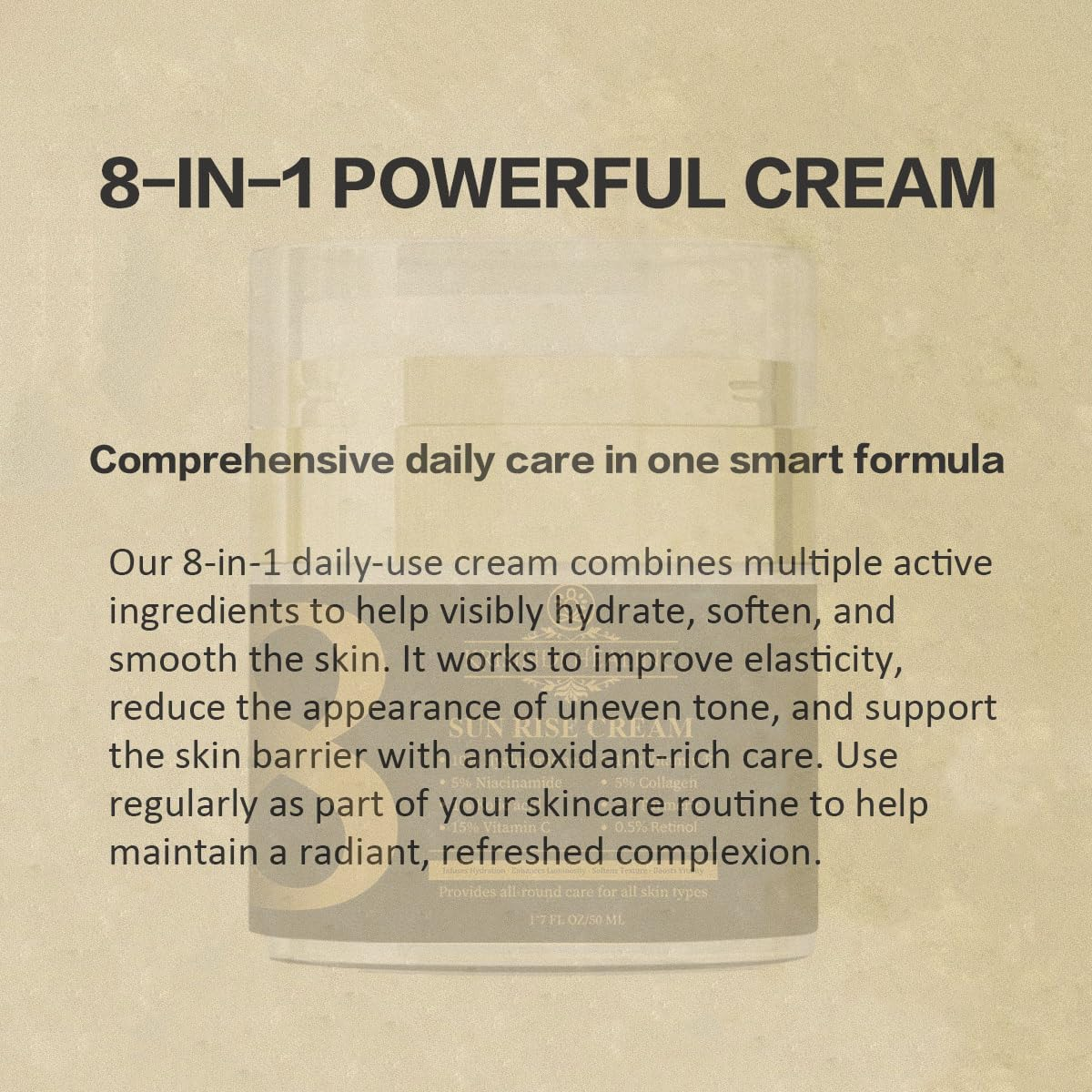 Sunrise 8 Cream by Krisindi Healing &ndash; 50Ml Daily Radiance Complex Moisturiser | Vitamin C &bull; Retinol &bull; Collagen &bull; Hyaluronic Acid &bull; Kojic Acid &bull; Niacinamide &bull; Vitamin E &bull; Turmeric image number 3