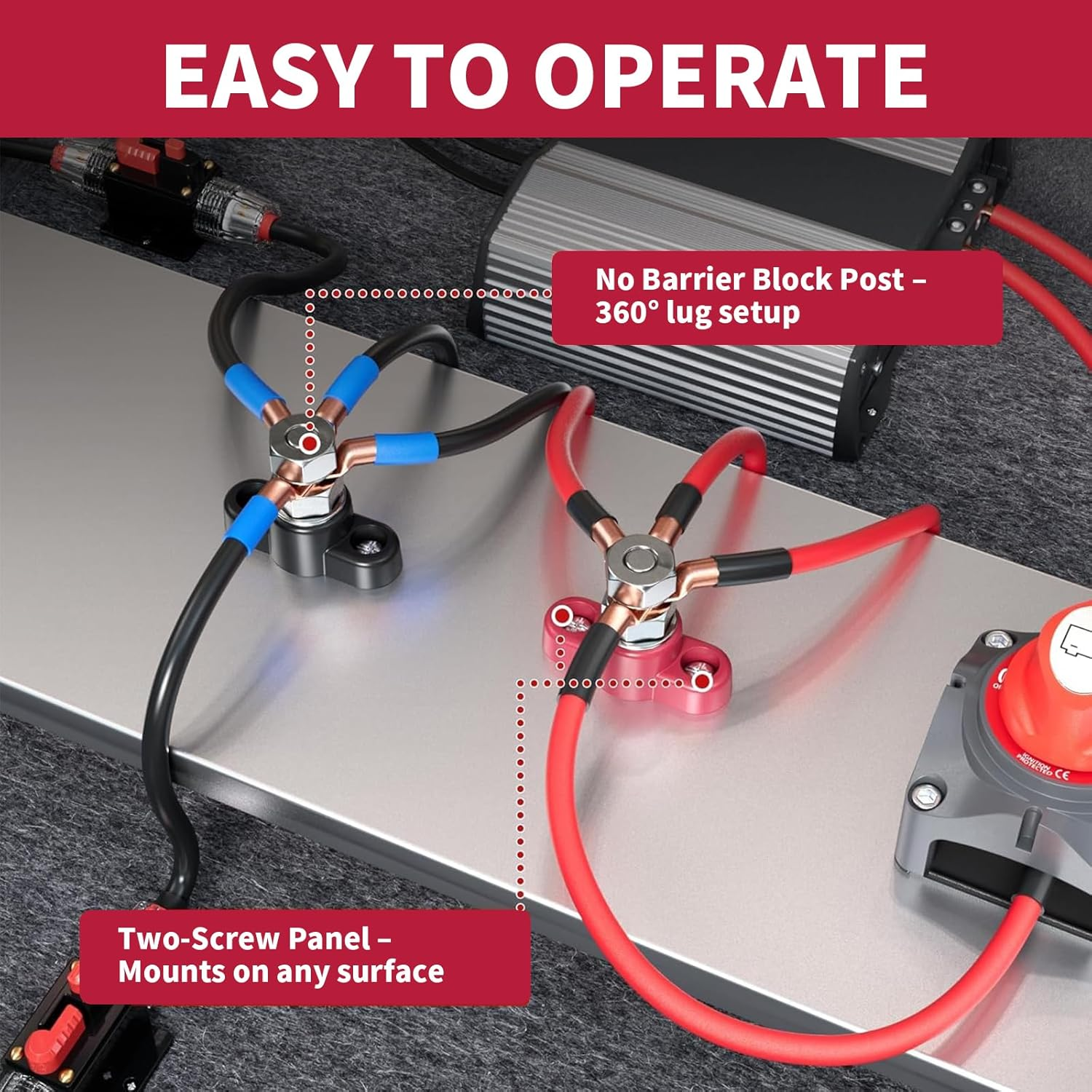 2Pcs Red & Black M10 3/8 Battery Post Junction Block, 12V 24V Power Distribution Block for Car, RV, Boat & Marine, Heavy-Duty Corrosion-Resistant Terminal Studs image number 6