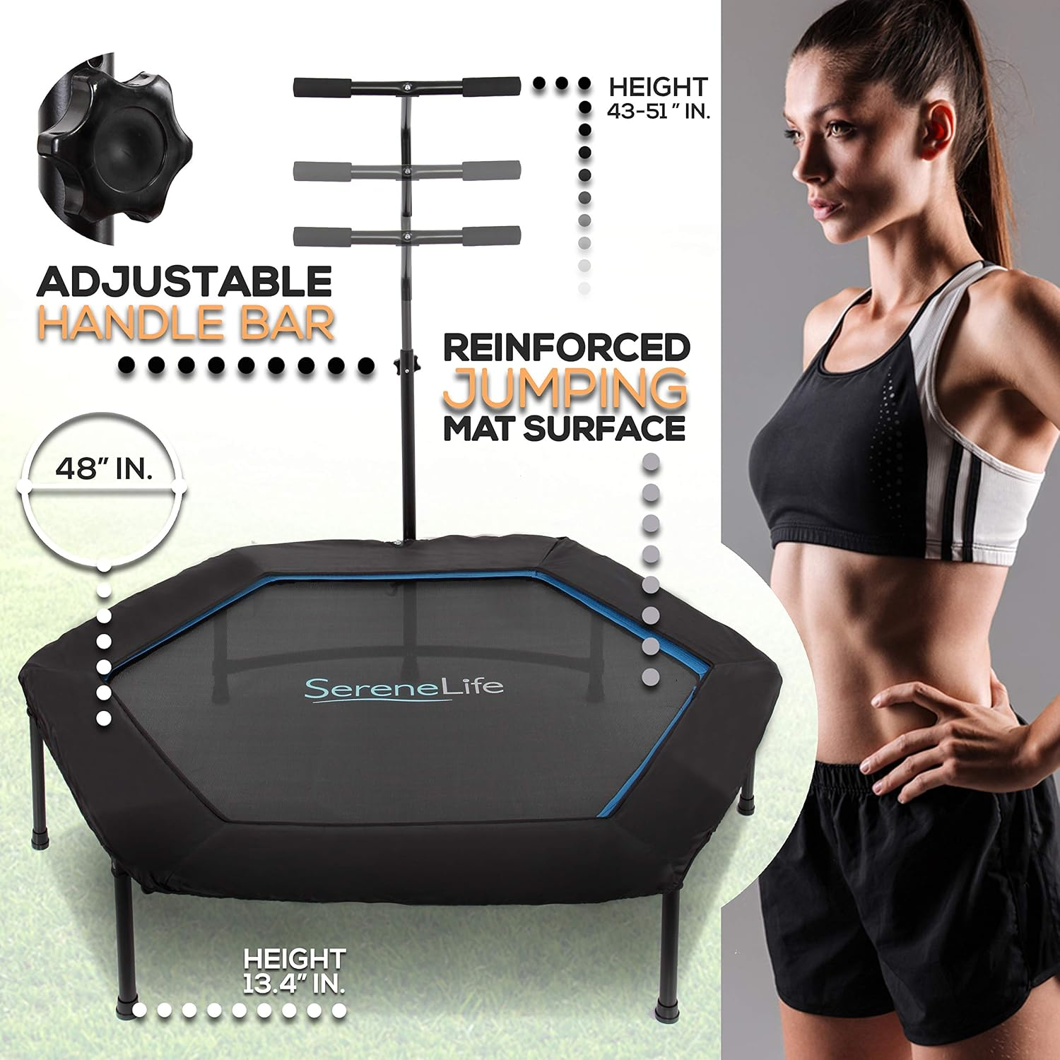 Serenelife 48" Mini Trampoline Rebounder, Portable and Foldable Fitness Trampoline, Suitable for Adults and Kids, Perfect for Indoor/Outdoor Workout image number 3