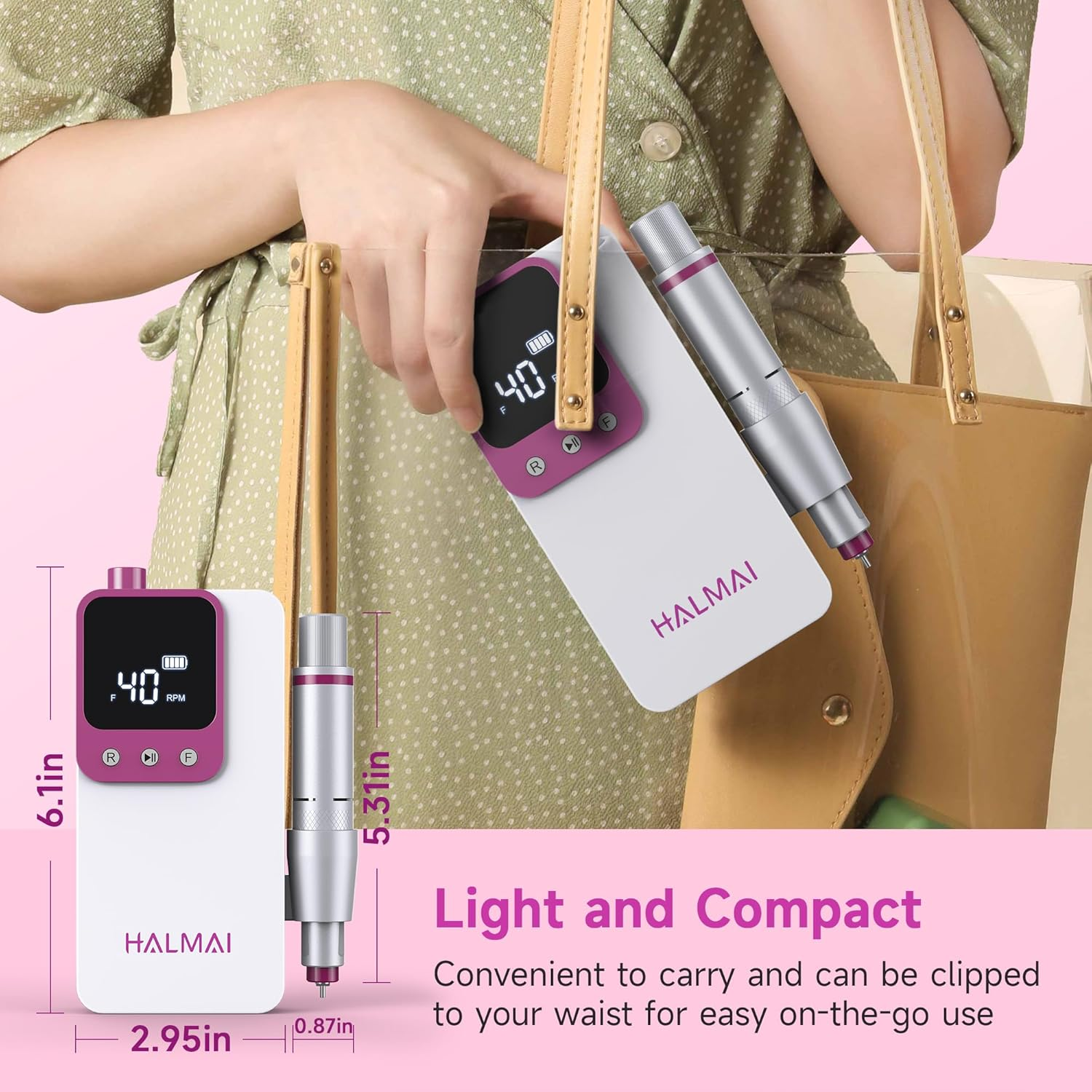 HALMAI Electric Nail Drill Professional, Portable Nail File for Acrylic Gel Nails, Cordless Rechargeable Ultra Power Nail Drill Kit 40000RPM, HMC320 Salon-Grade Efile Nail Machine(White) image number 2