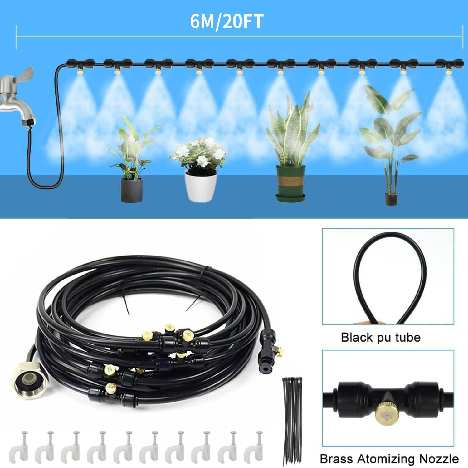 Misting Line + 7 Brass Mist Nozzles + Brass Adapter(3/4") Outdoor Mister for Patio Garden Greenhouse Trampoline for Waterpark, 6M8M M M M More Sizes，Low-Pressure Spray System (6M(20Ft)) image number 5