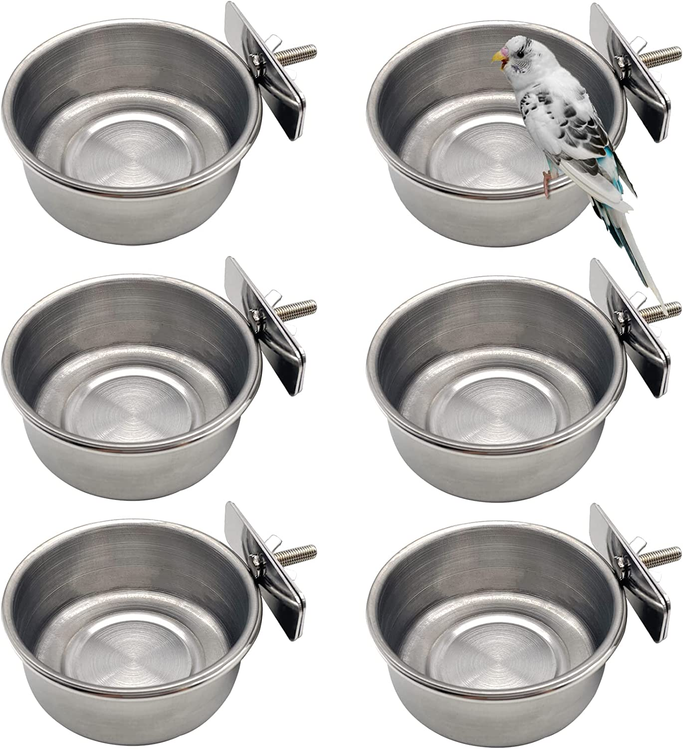 Tfwadmx 2 Pack Bird Feeding Dish Cups, Parrot Food Bowl Clamp Holder - Stainless Steel Coop Cup, Bird Cage Water Bowl for Parakeet African Greys Conure Cockatiels Lovebird Budgie Chinchilla