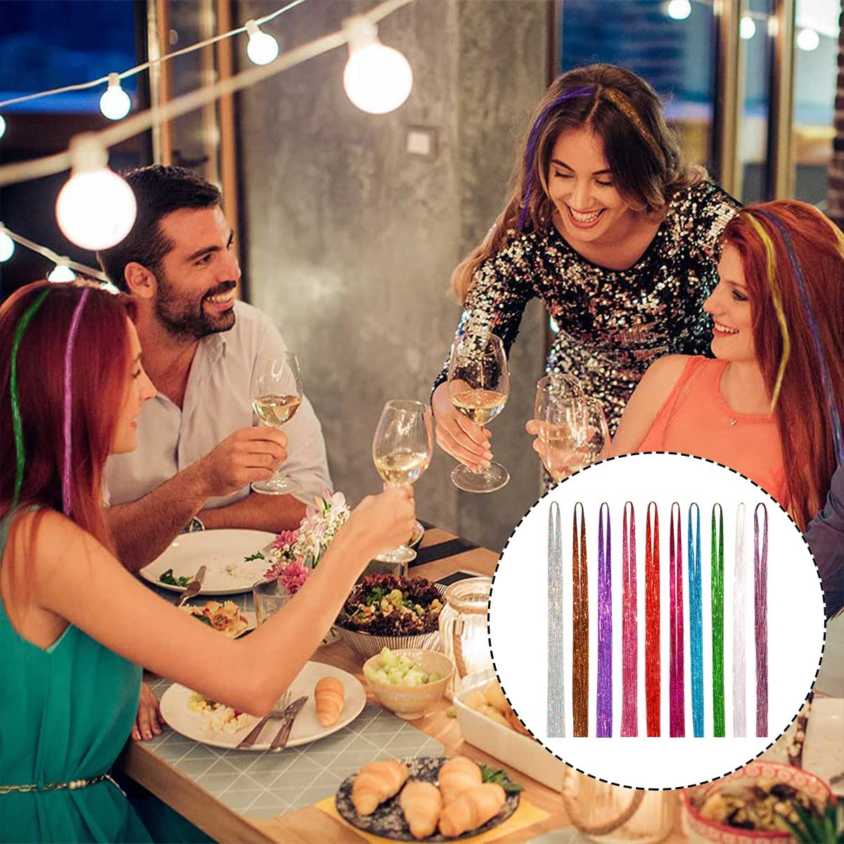 Hair Tinsel, 10 Colors Sparkling Fairy Hair Tinsel Strands for Party Styling (36 Inch - 150 Strands/Color) image number 1