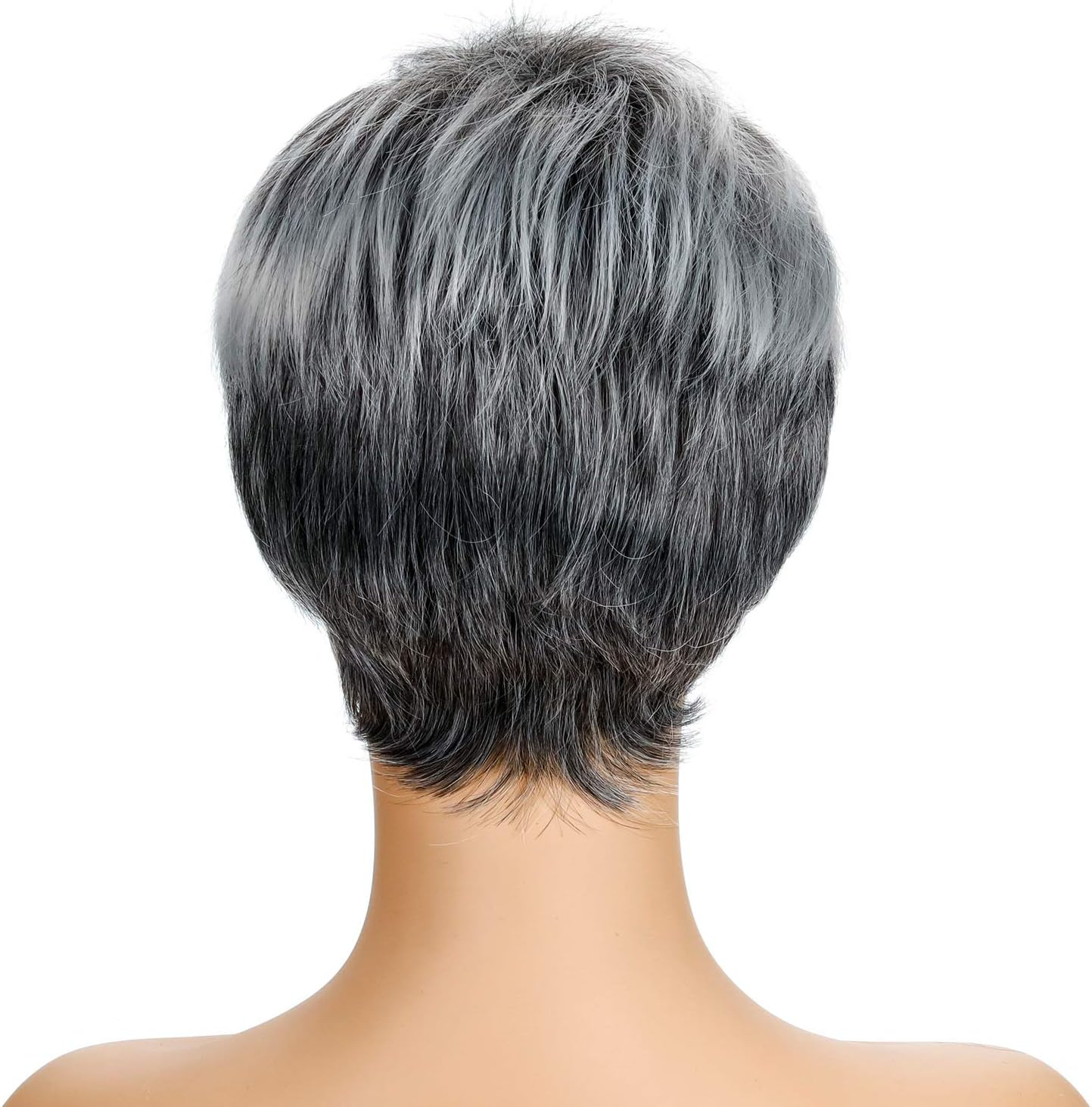 AUBWIG Black Ombre White Short Pixie Cut Wigs Tiered Fluffy with Fringe Natural Straight Heat Resistant Synthetic Short Hair Wigs for Women (Black Ombre White) image number 5