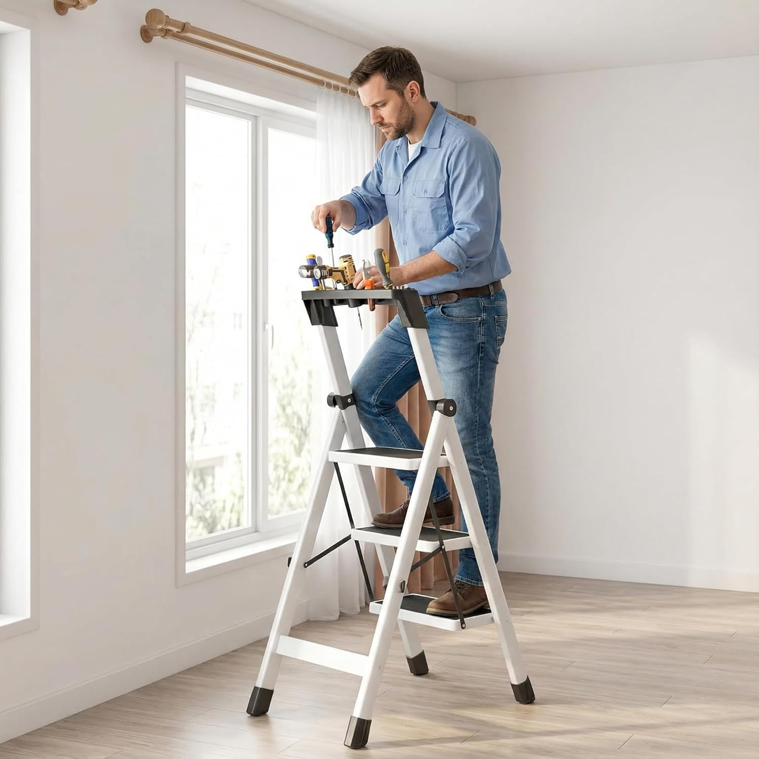 LEDON Thickened Multi-Functional Folding Herringbone Step Ladder - Portable, Retractable, Safety 3 Steps Ladder for Indoor & Outdoor Household Climbing with Tools Holder image number 4