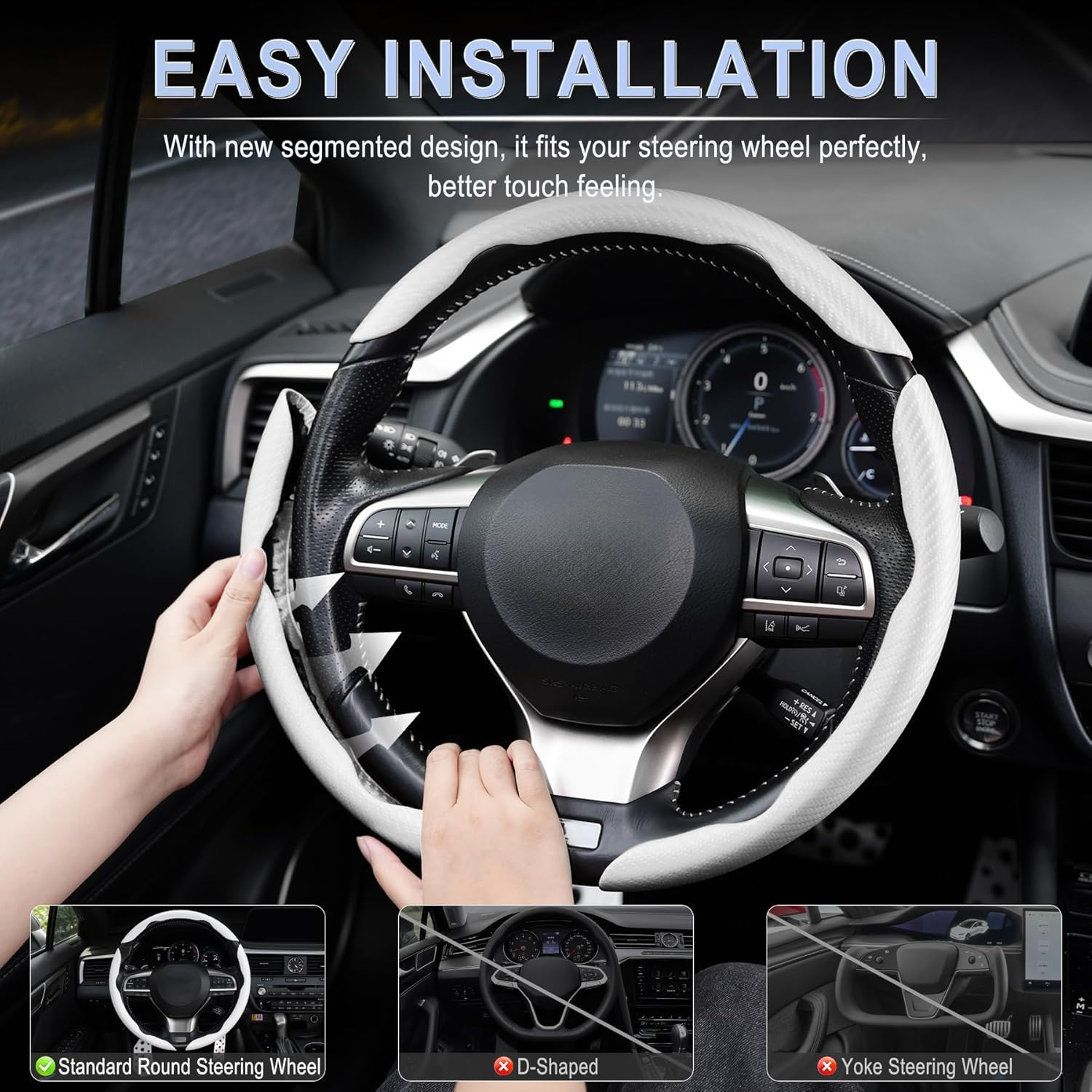 3-Piece Carbon Fiber Steering Wheel Cover Set &ndash; Anti-Slip Segmented & Butterfly Design Design Universal Fit for Most Cars, Segmented Wheel Protector Cover with Enhanced Grip (White) image number 4