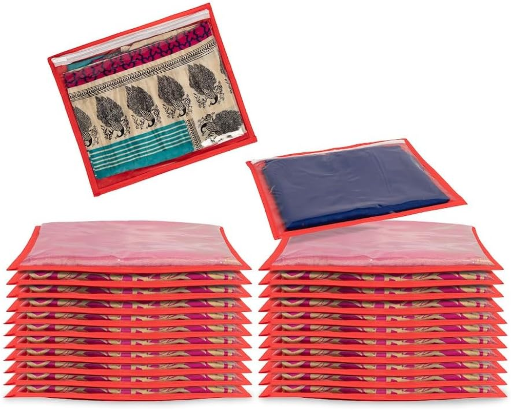 Homestrap Set of 24 Single Saree Covers | Transparent Top, Foldable & Zip Closure | Clothes Storage Bag & Wardrobe Organizer | Dust & Moisture Resistant Organizers |Red,Polypropylene