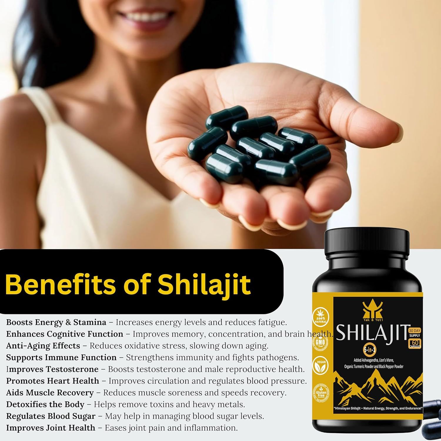 Shilajit Capsules &ndash; 60 Count &ndash; Natural Energy Boost, Mental Clarity, Immune Support & Stamina &ndash; Pure Himalayan Shilajit with Fulvic Acid &ndash; Vegan, Non-Gmo, Gluten-Free