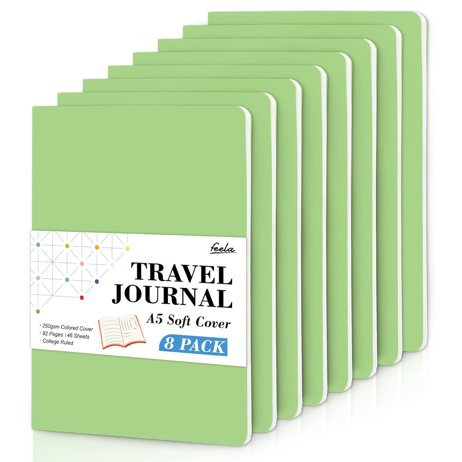 Feela 8 Pack Soft Cover Journal Bulk, Notebooks College Ruled for Work, Lined Travel Journal for Women Men, Note Taking Notebook School Supplies Business Writing, 8.2&rdquo; X 5.5&rdquo;, A5, Light Green image number 5