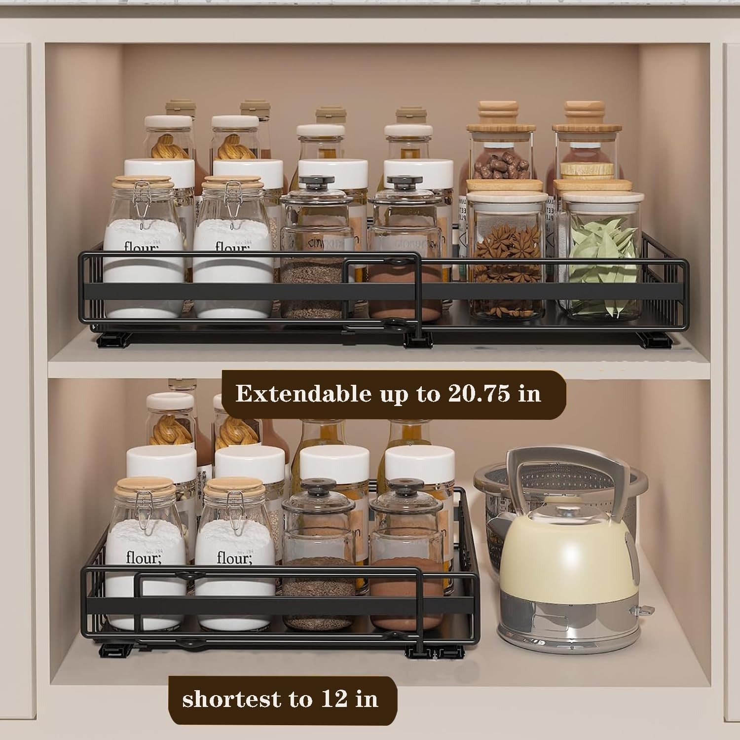 Pull Out Drawers for Cabinets Expandable, 2 Pack Pull Out Cabinet Organizer Adhesive, Slide Out Drawers Shelves for Kitchen Cabinets Organization Adjustable Width 12.2-20.7In image number 4