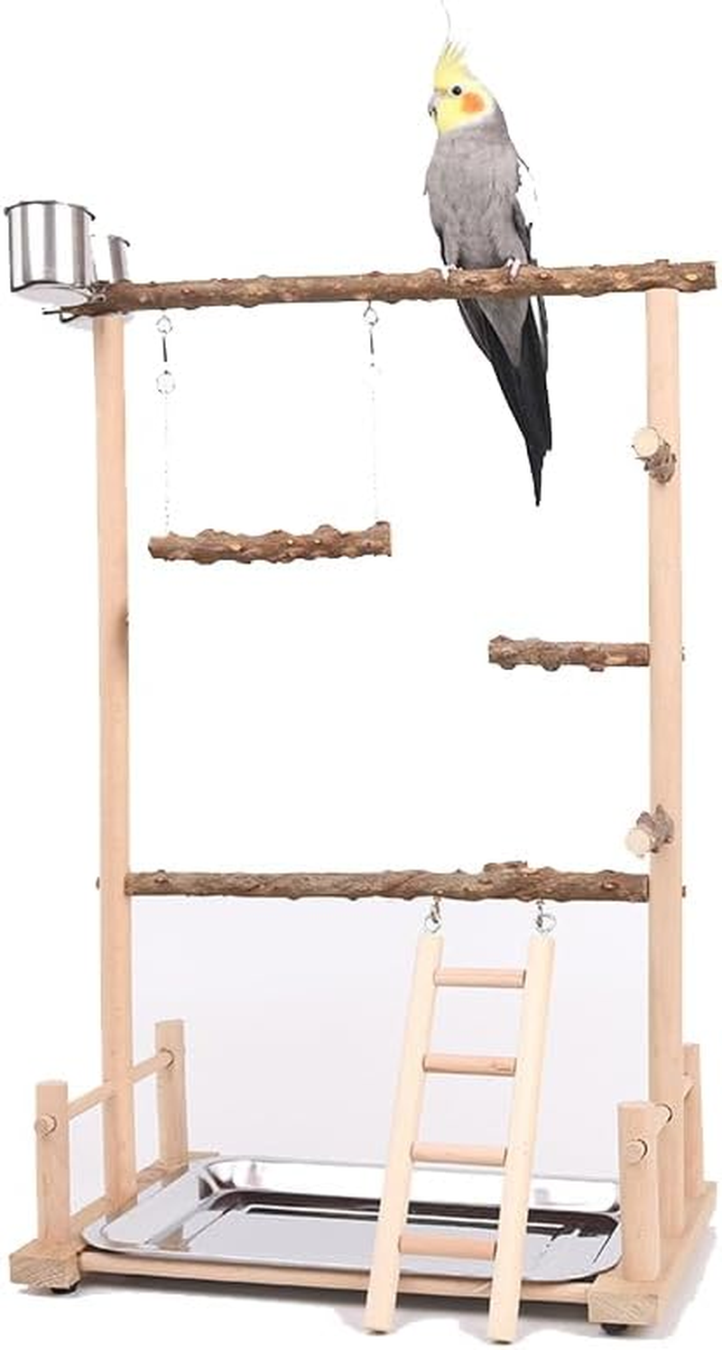 Bird Playground, Bird Perch, Parrot Stand, Wood Perch Gym Playpen Ladder with Feeder Cups Toys Exercise Play(36,5 * 23 * 57CM) - 12 image number 2