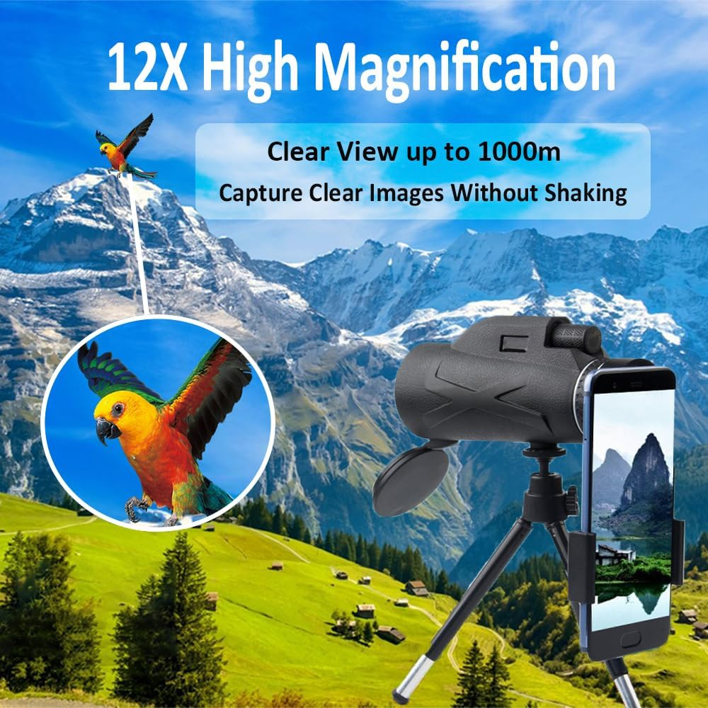 Zoom Monocular 12 X 40 Telescope for Adults - Compact HD Monocular with BAK4 Prism FMC Lens - High Performance Telescope with Phone Holder Tripod for Bird Watching Travel Hunting Hiking image number 6