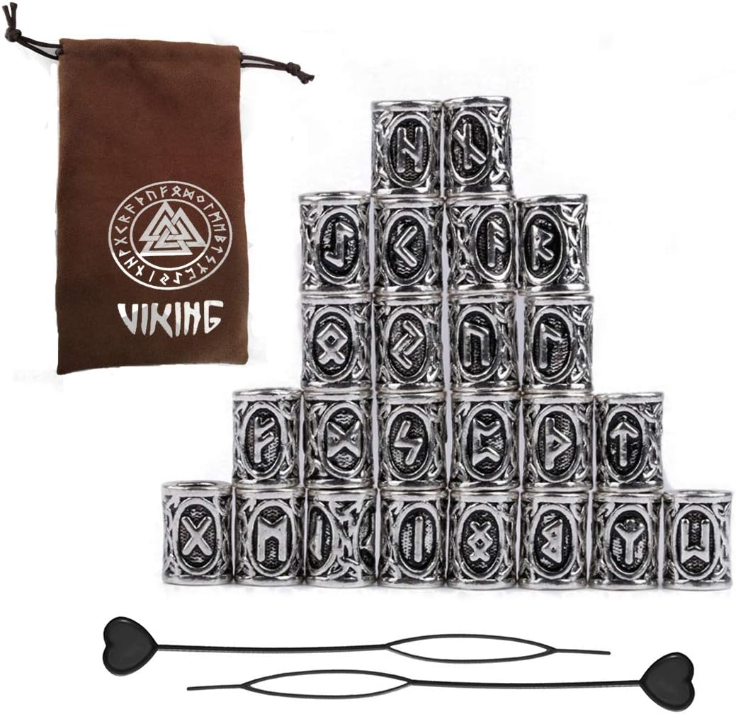 24Pcs Norse Vikings Runes Hair and Beard Beads for Bracelets, Pendant Necklace DIY - Antique Silver Viking Braiding Beads Kit with 2Pcs Pull Hair Pin image number 4