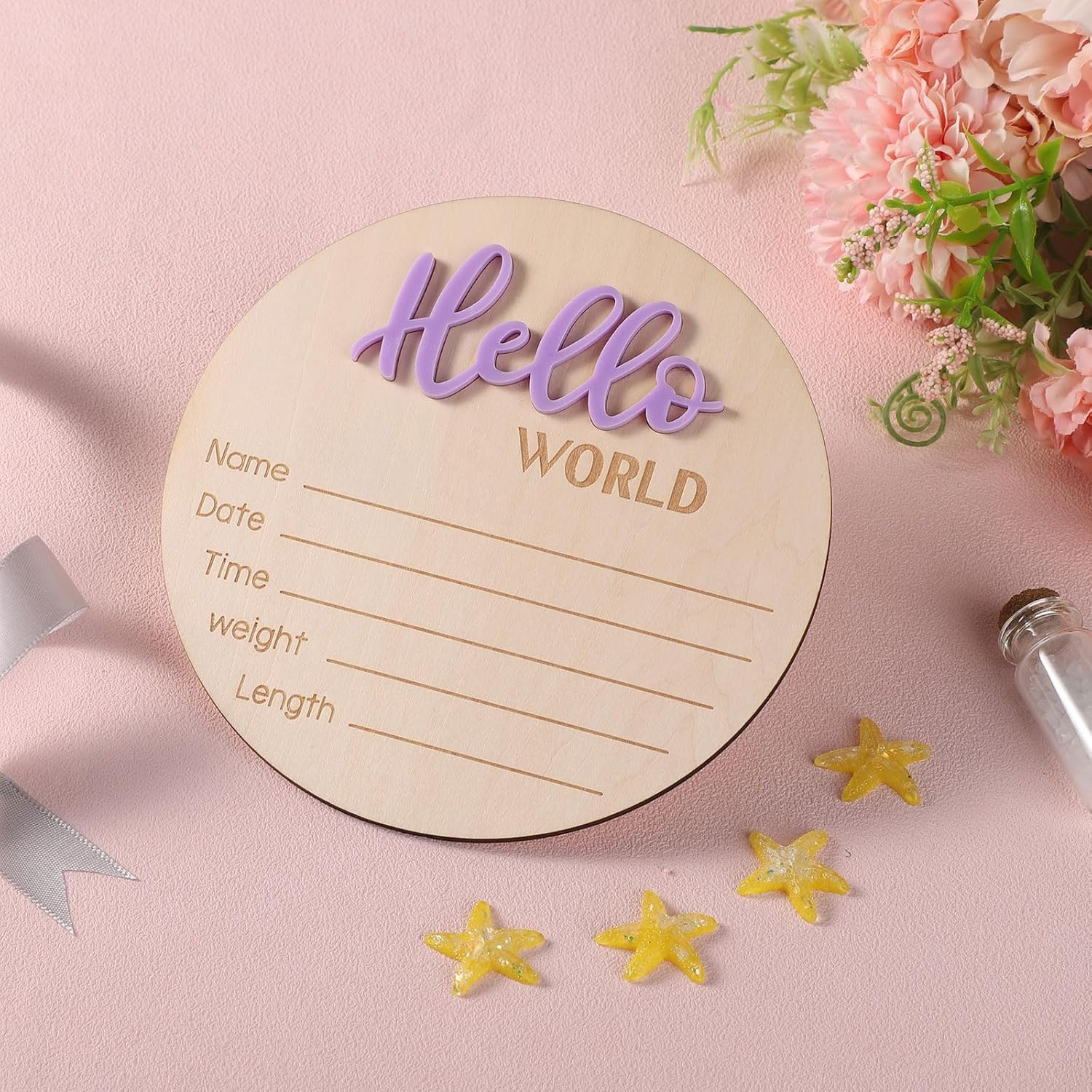 Newborn Announcement Sign, 5.9In Wooden Hello World Sign Baby Welcome Sign Birth Baby Name Plaques for Newborn Boys and Girls Photo Props Baby Shower Hospital Nursery (Light Purple) - Light Pink image number 7